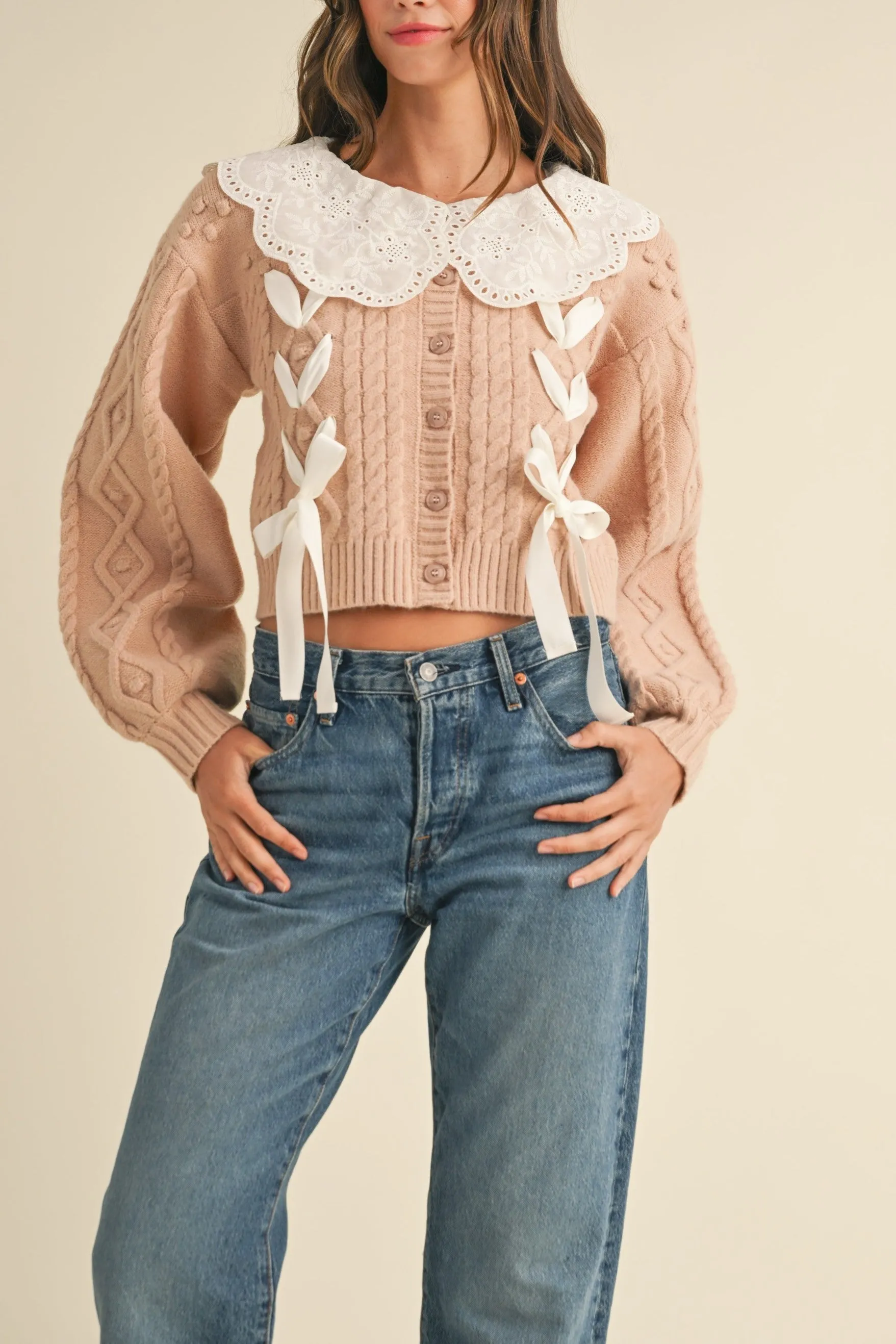 Lovely Collar Cable Knit Cardigan sold by Evercado