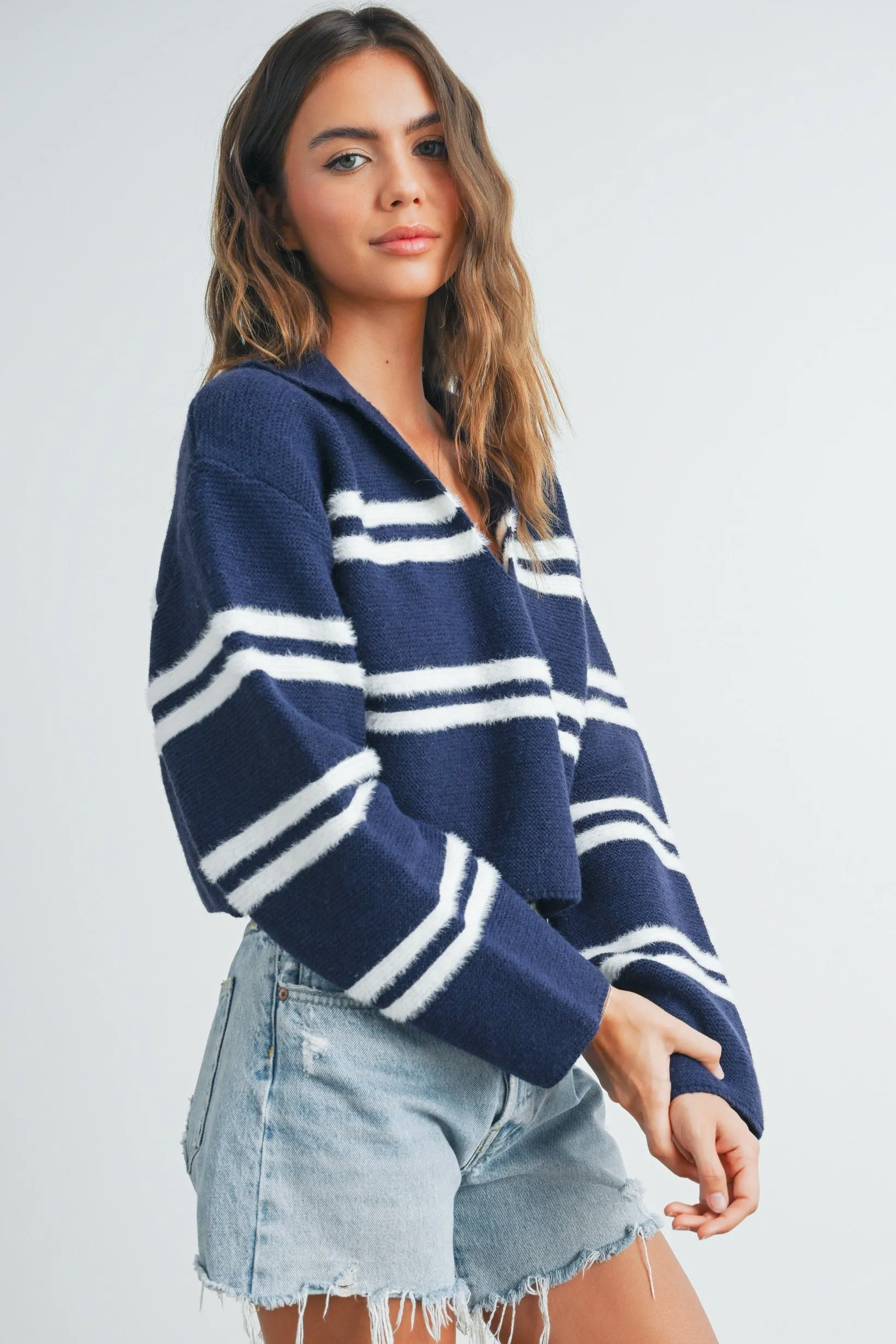 Stripe Cozy Collared Crop Sweater sold by Evercado product image thumbnail 3