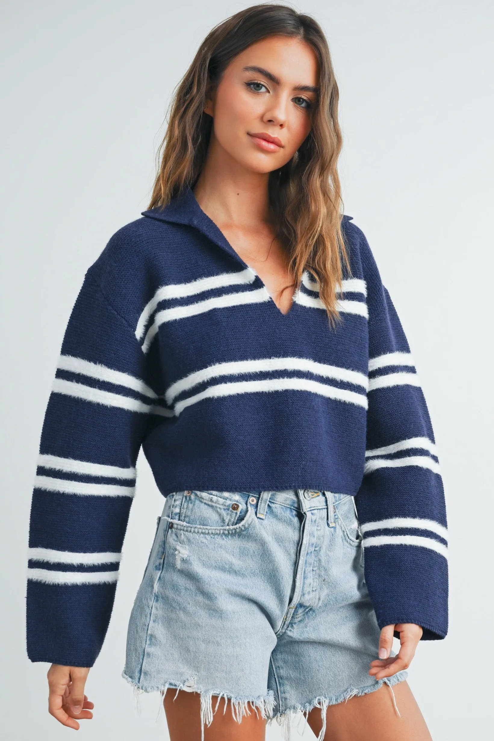 Stripe Cozy Collared Crop Sweater sold by Evercado product image thumbnail 4