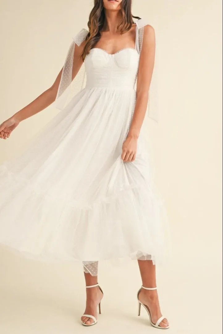 Polka Dot Mesh Tie Shoulder Midi Dress sold by Evercado