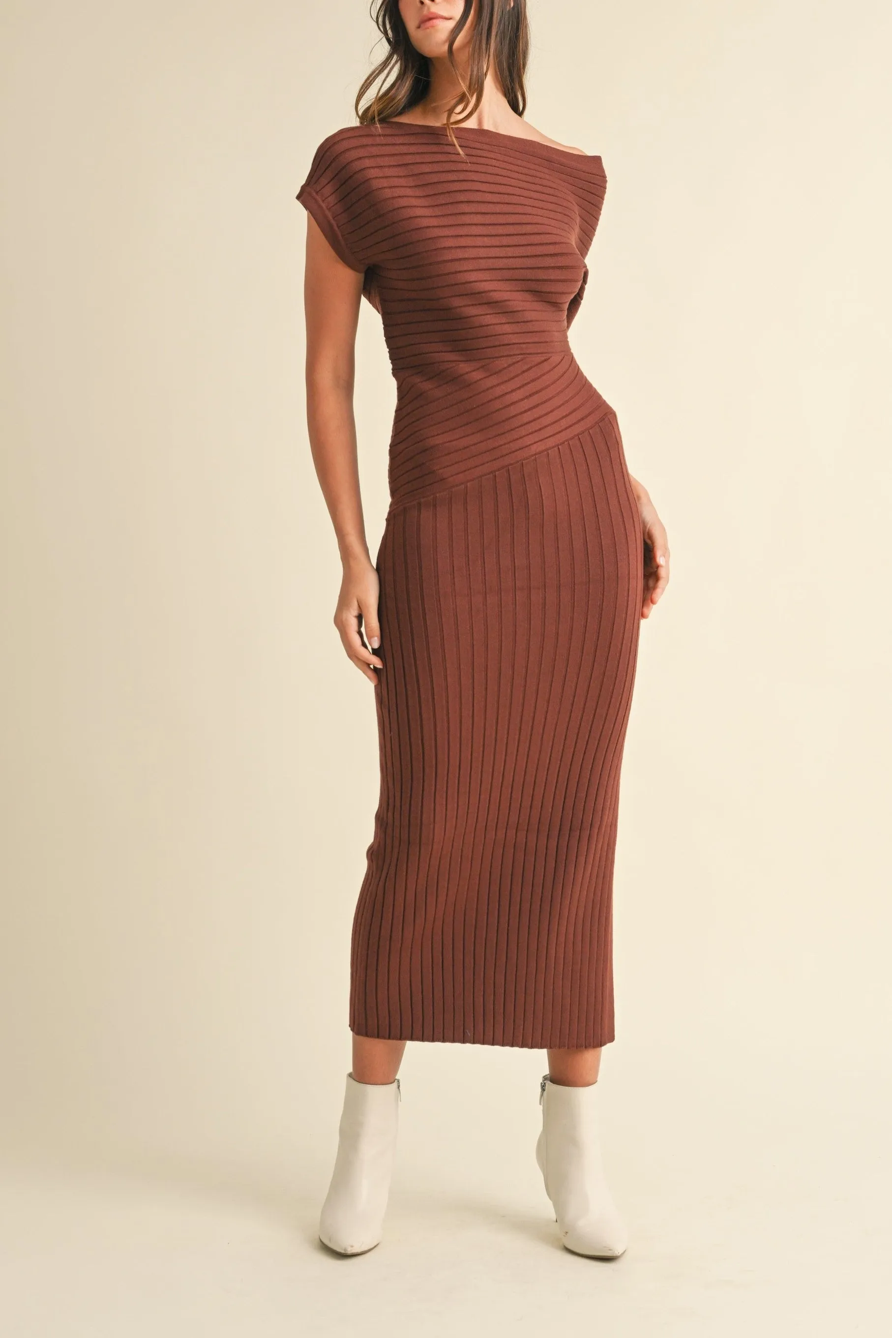 One Shoulder Ribbed Knit Midi Dress sold by Evercado