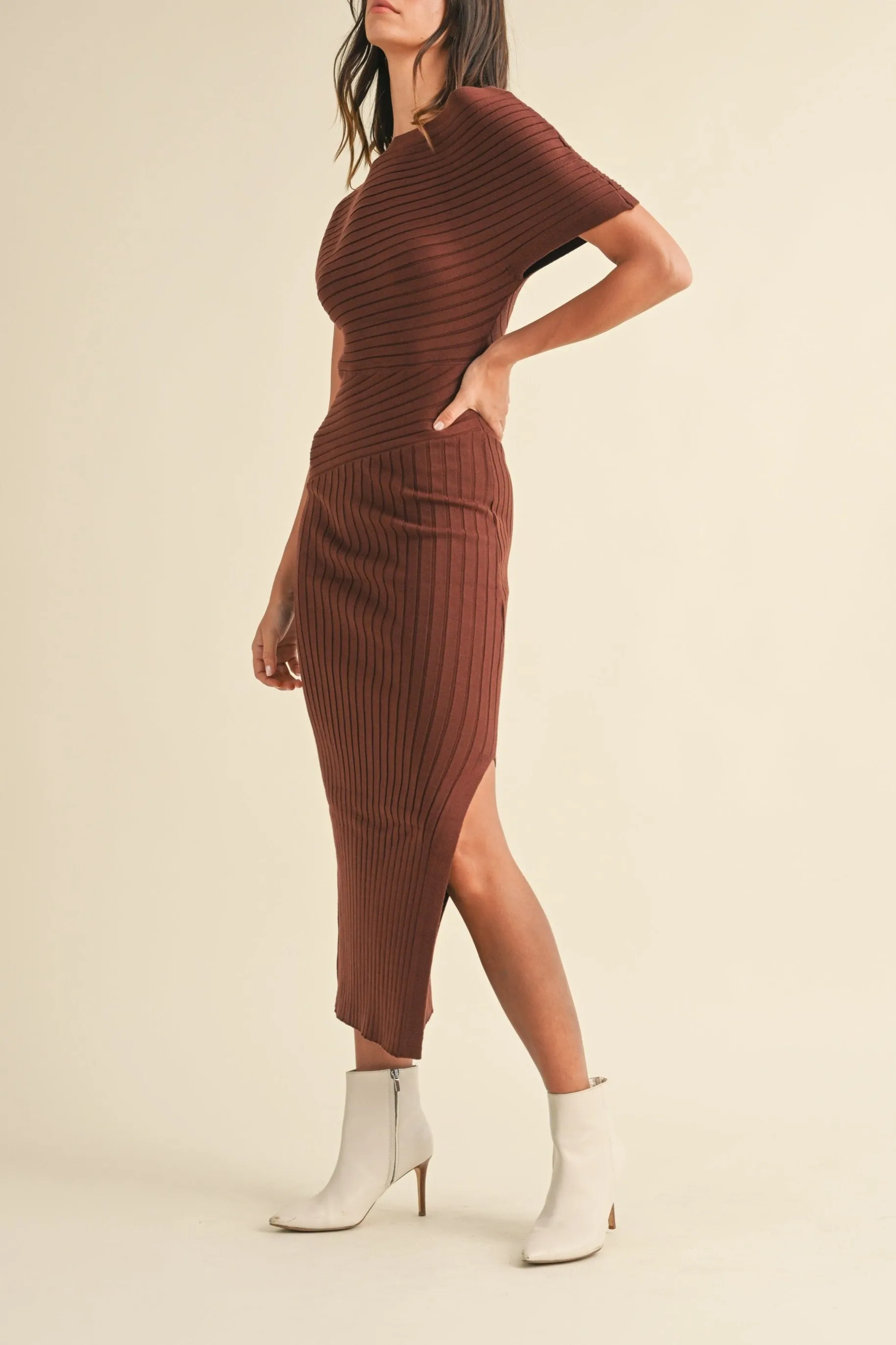 One Shoulder Ribbed Knit Midi Dress sold by Evercado product image thumbnail 3