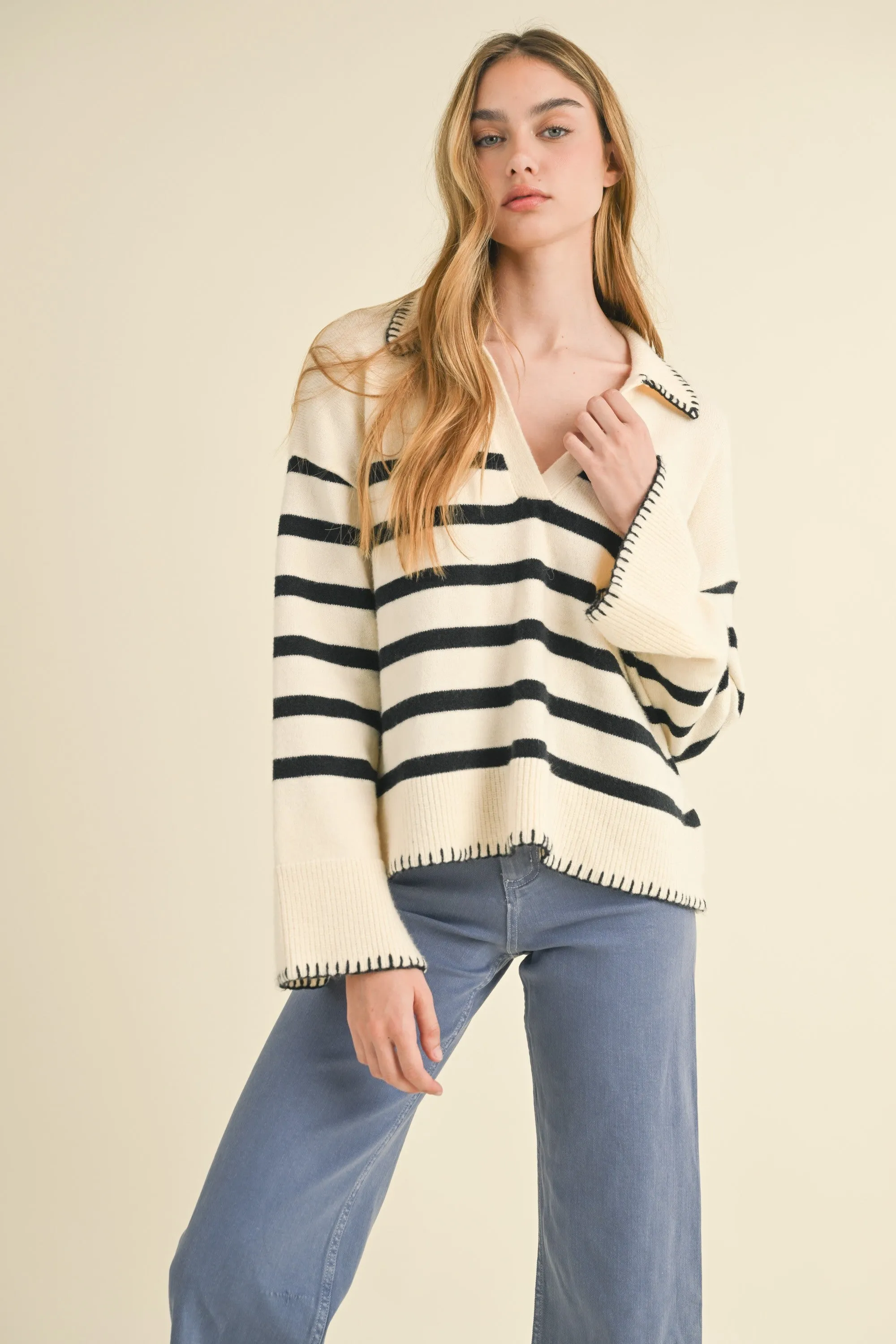 Detailed Collar Stripe Comfy Sweater sold by Evercado