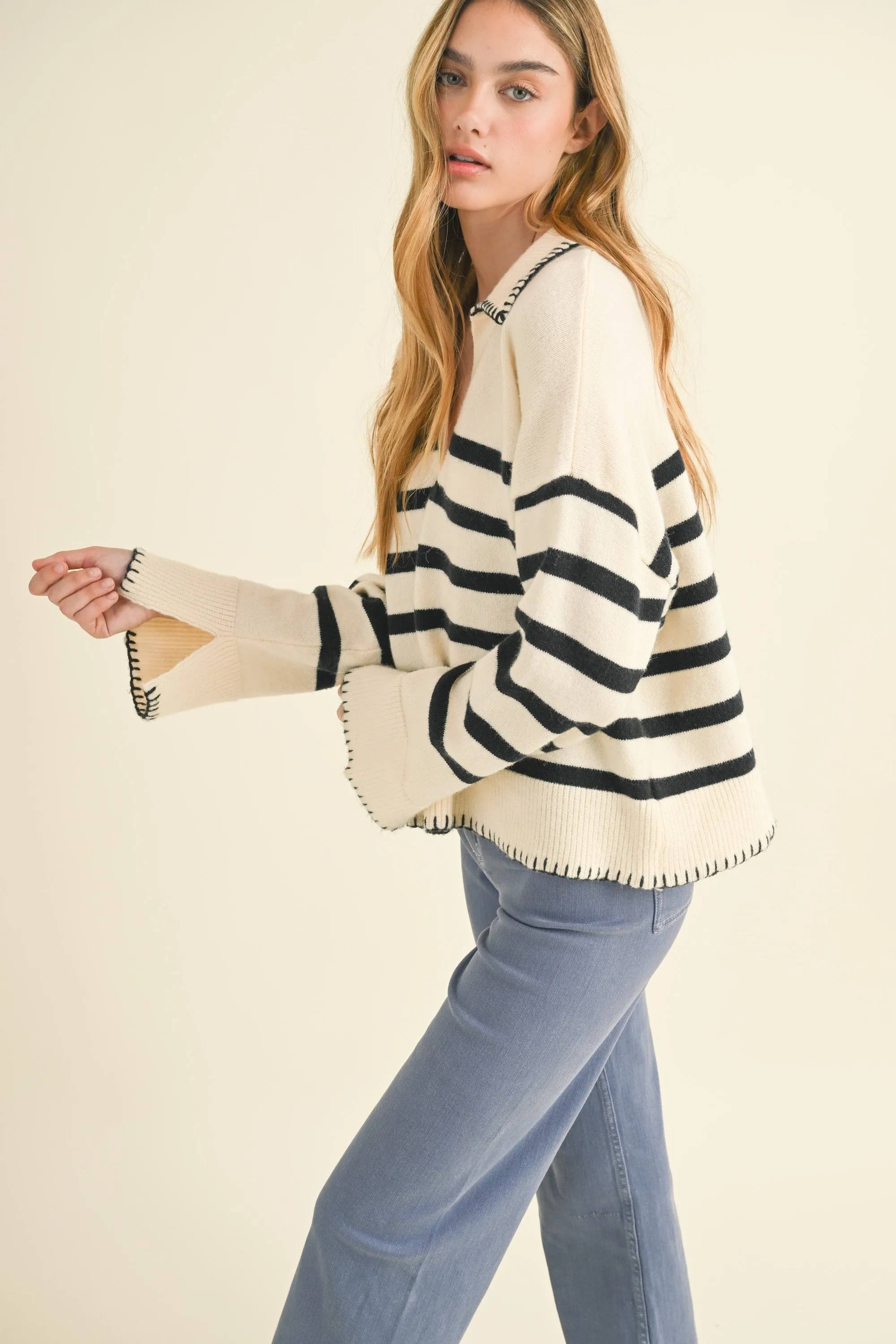 Detailed Collar Stripe Comfy Sweater sold by Evercado product image thumbnail 2