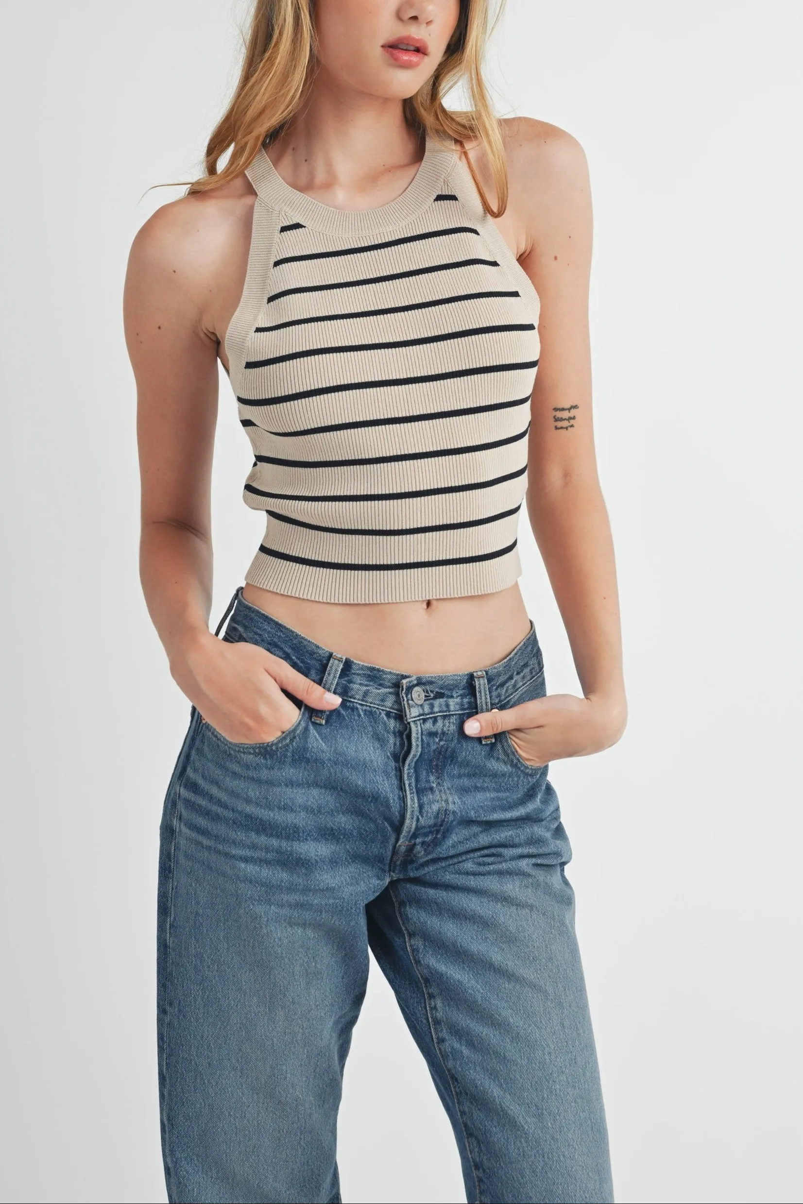 Halter Neck Striped Knit Top sold by Evercado
