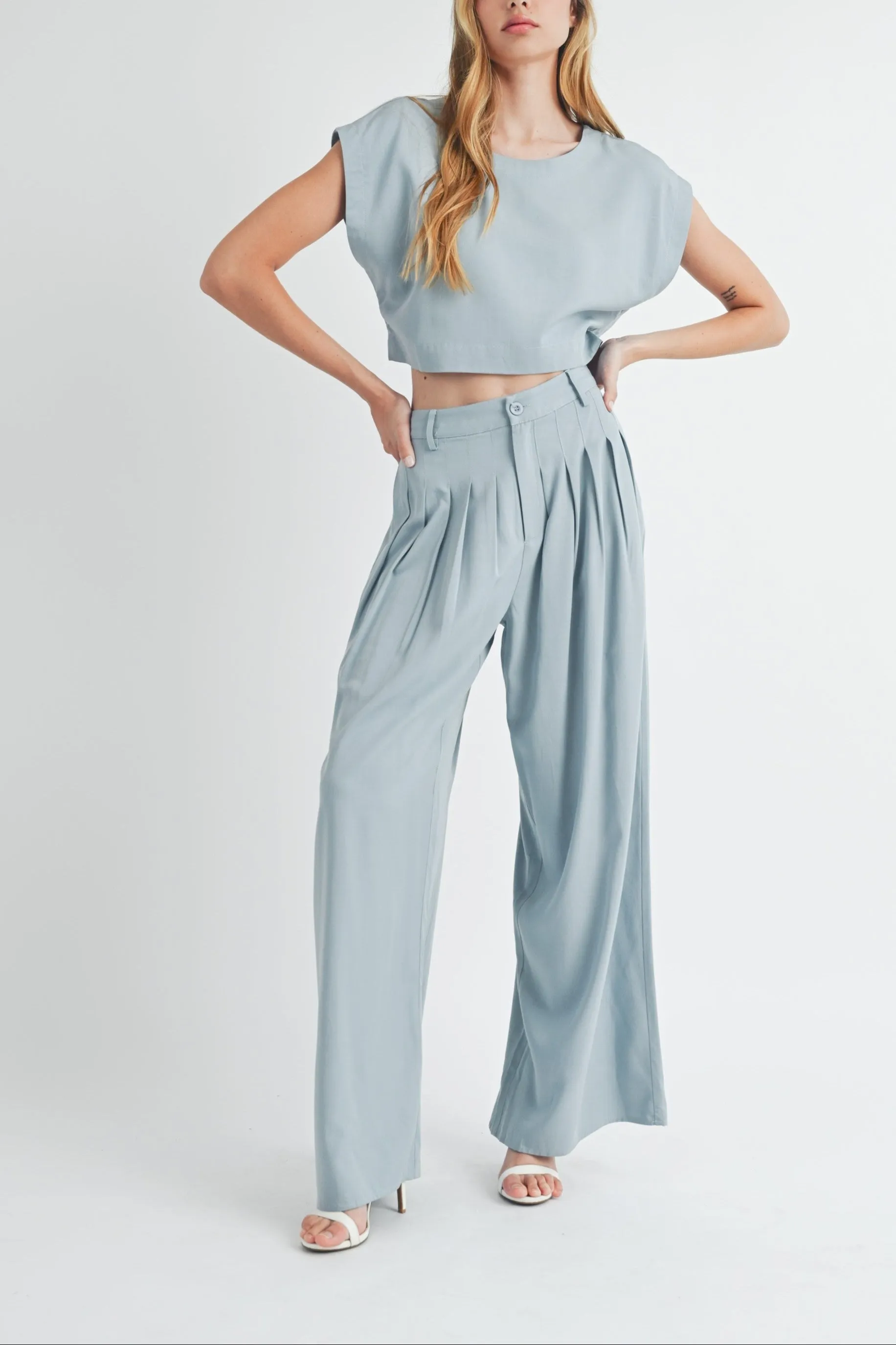 Simple Crop Top & Pleated Wide Leg Pants sold by Evercado product image thumbnail 3