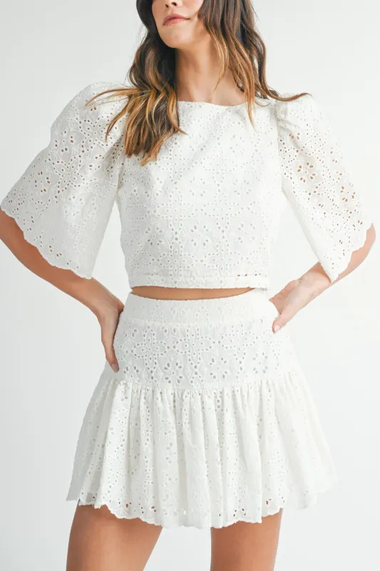 Eyelet Lace Puff Sleeve Crop Top & Skirt Set sold by Evercado