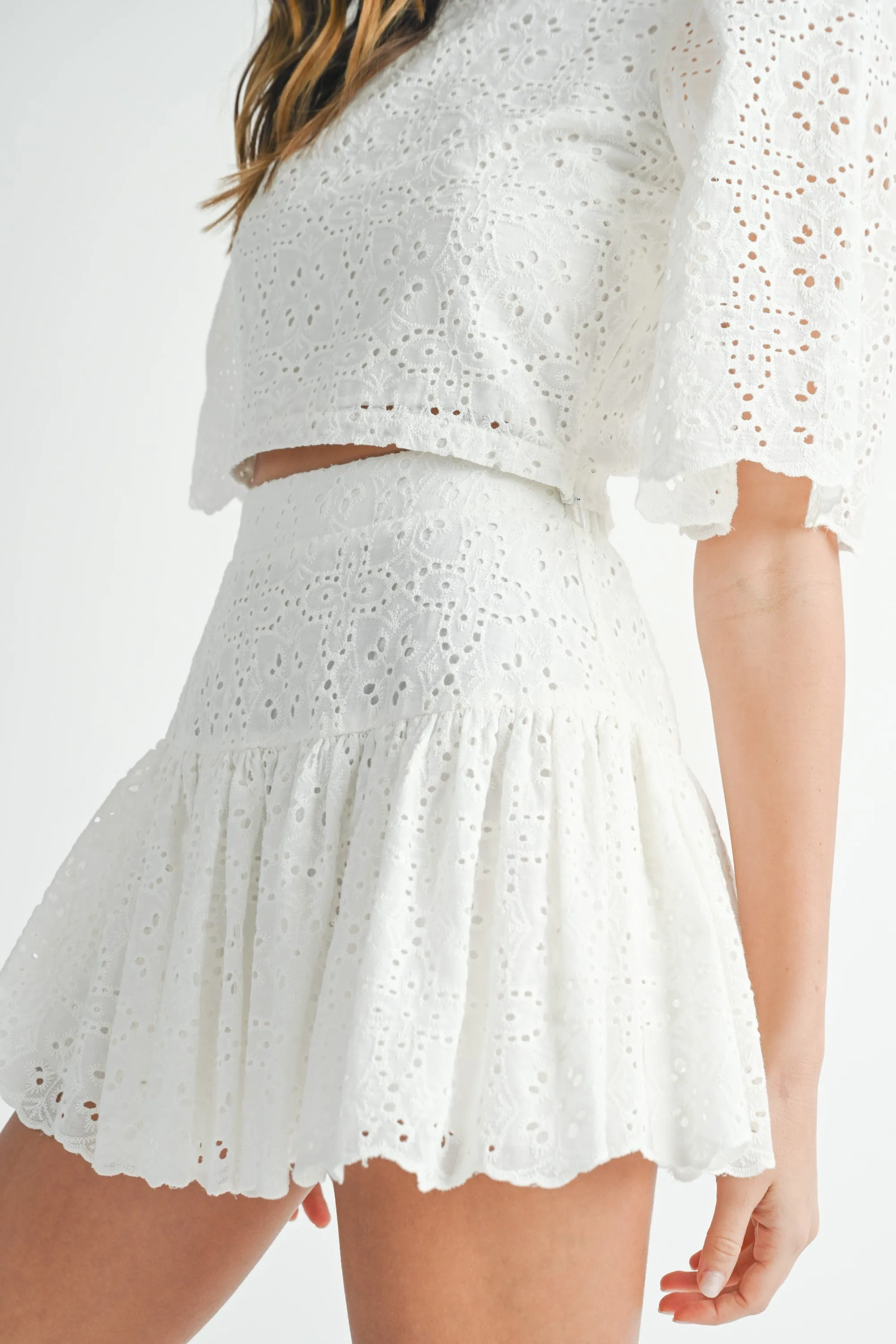 Eyelet Lace Puff Sleeve Crop Top & Skirt Set sold by Evercado product image thumbnail 4
