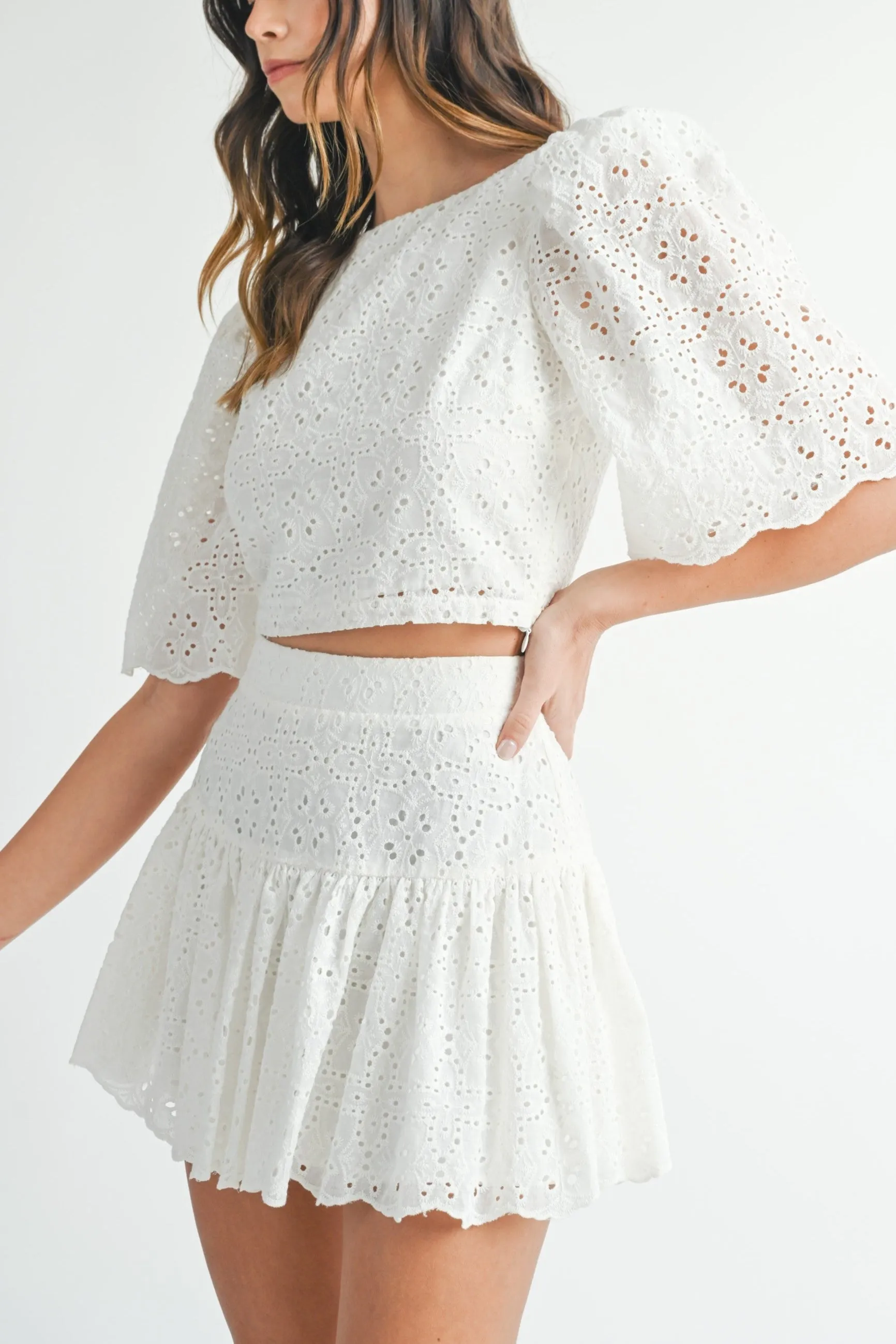 Eyelet Lace Puff Sleeve Crop Top & Skirt Set sold by Evercado product image thumbnail 2