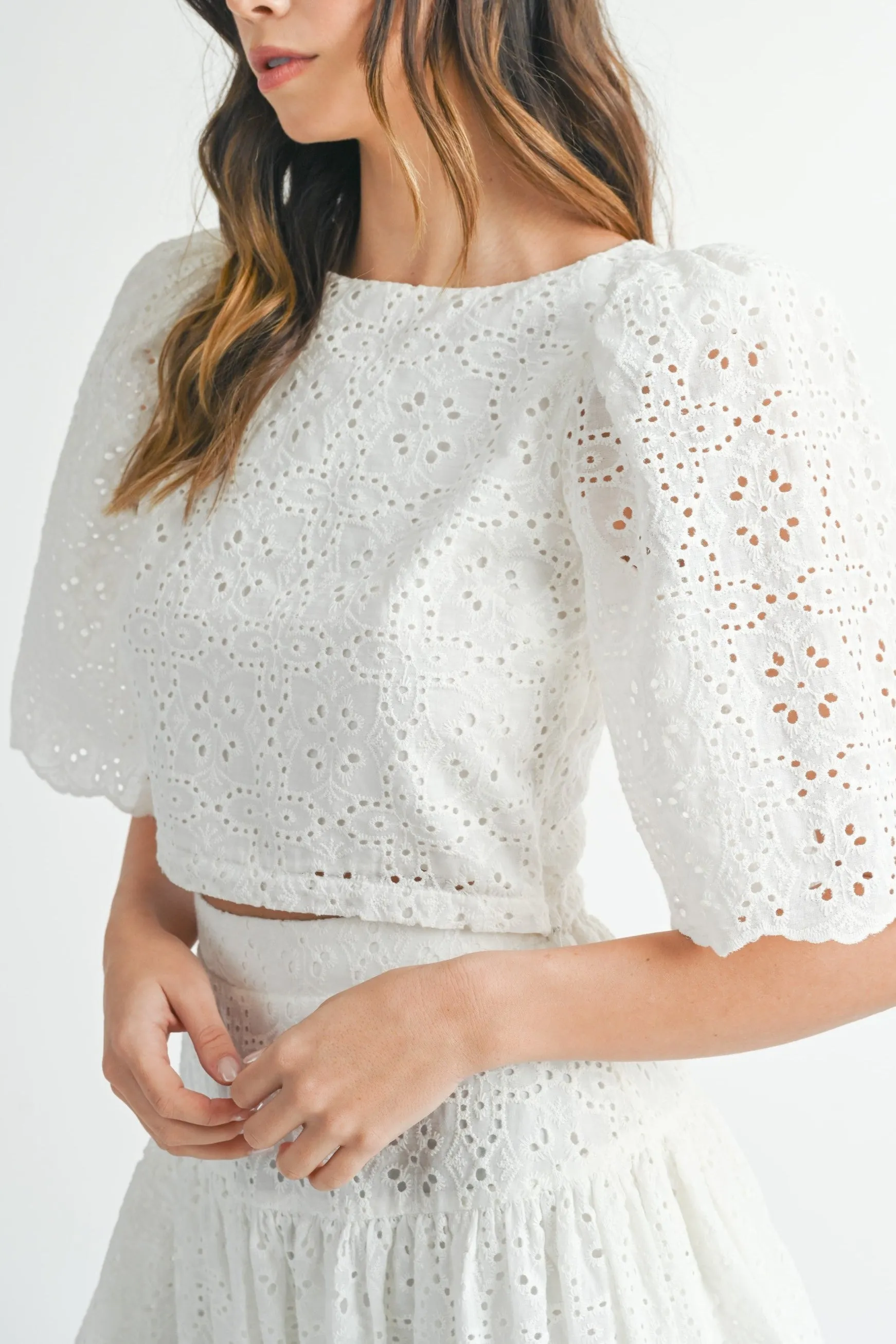 Eyelet Lace Puff Sleeve Crop Top & Skirt Set sold by Evercado product image thumbnail 5