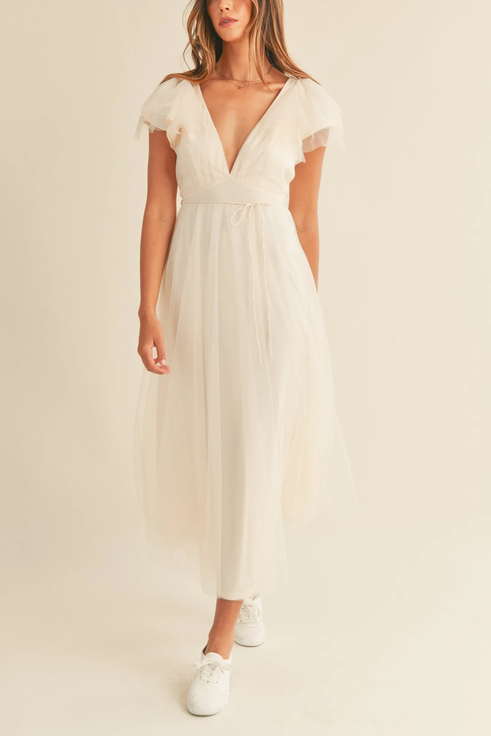 Tulle V neck Ruffle Sleeve Midi Dress sold by Evercado