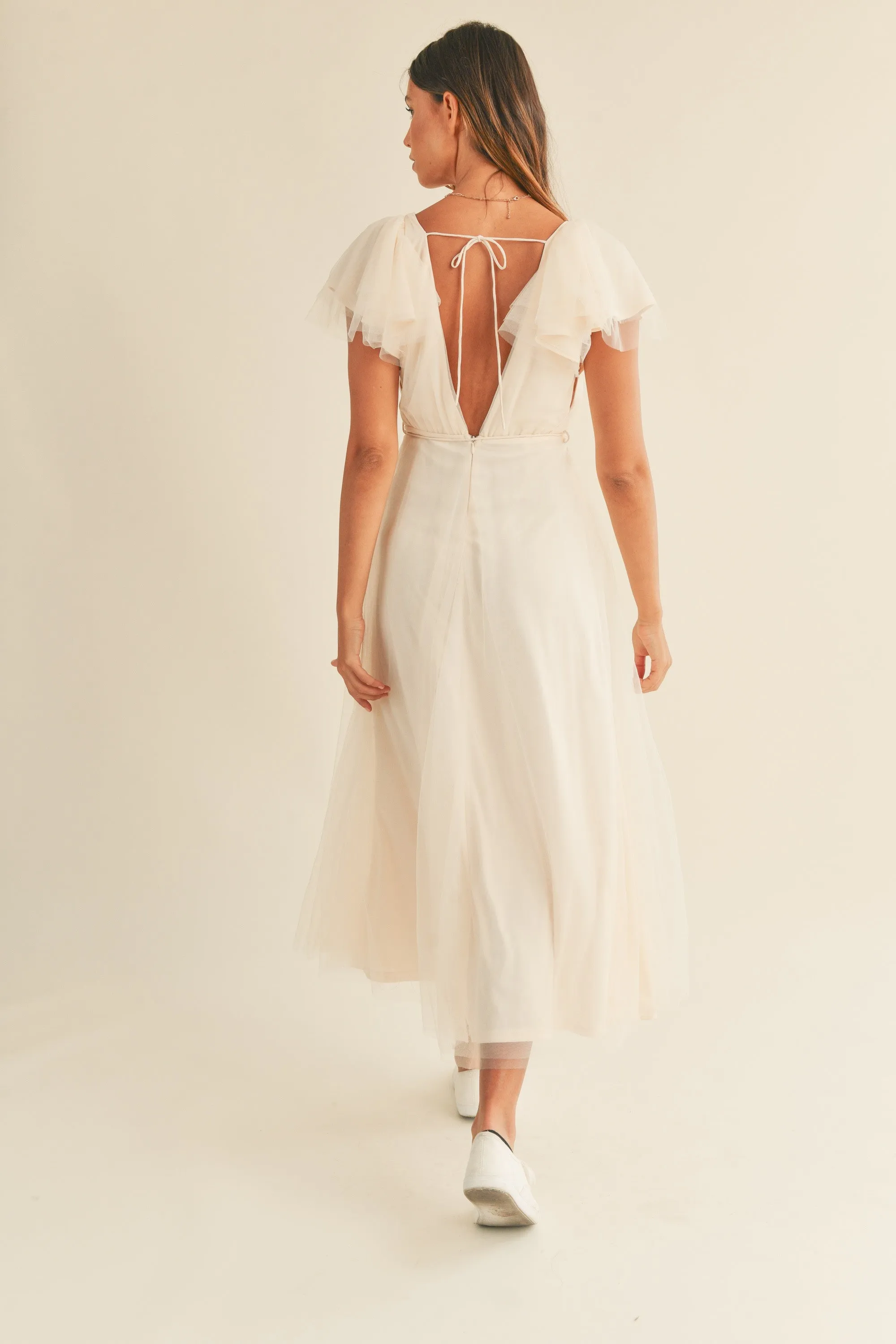 Tulle V neck Ruffle Sleeve Midi Dress sold by Evercado product image thumbnail 2