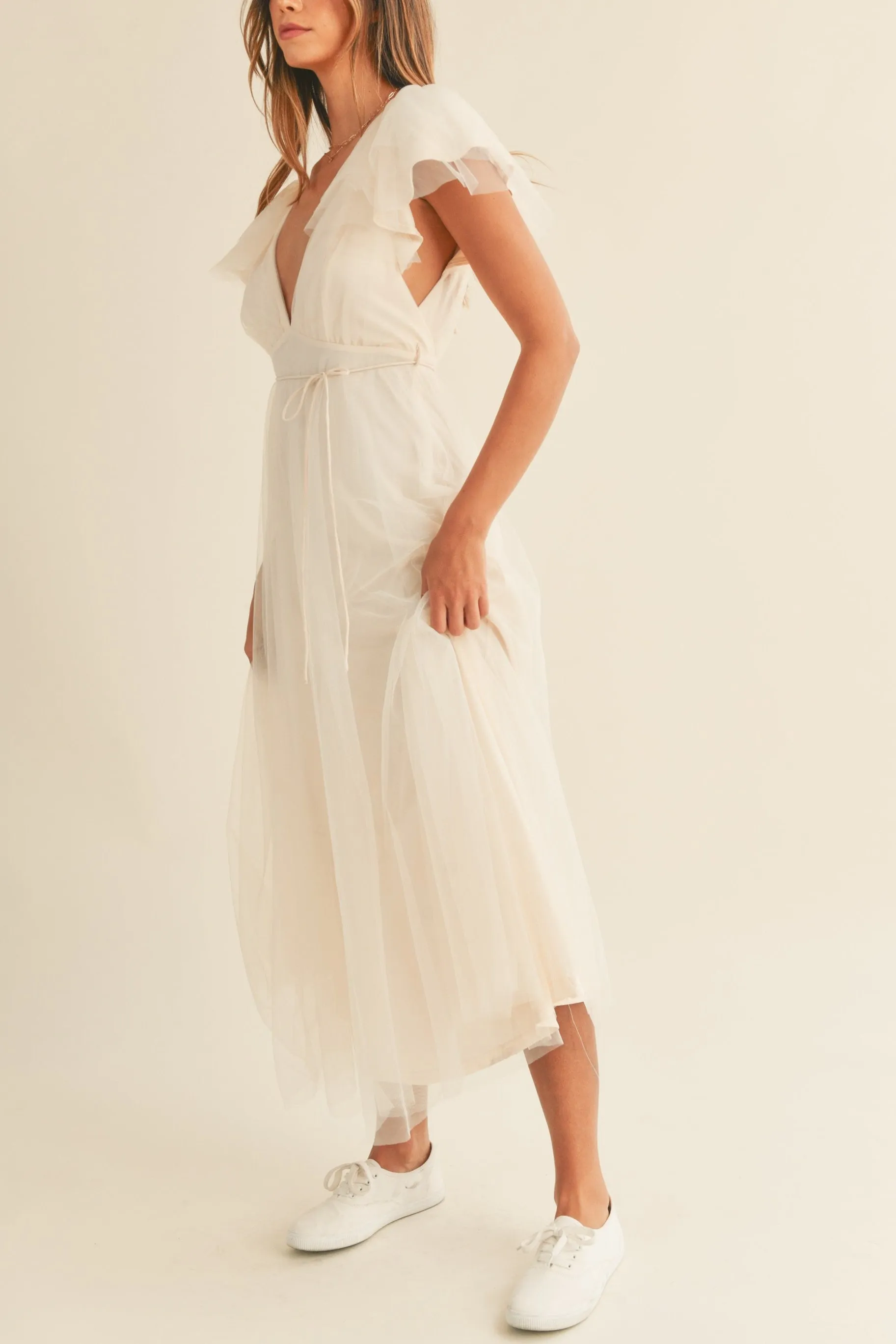 Tulle V neck Ruffle Sleeve Midi Dress sold by Evercado product image thumbnail 3