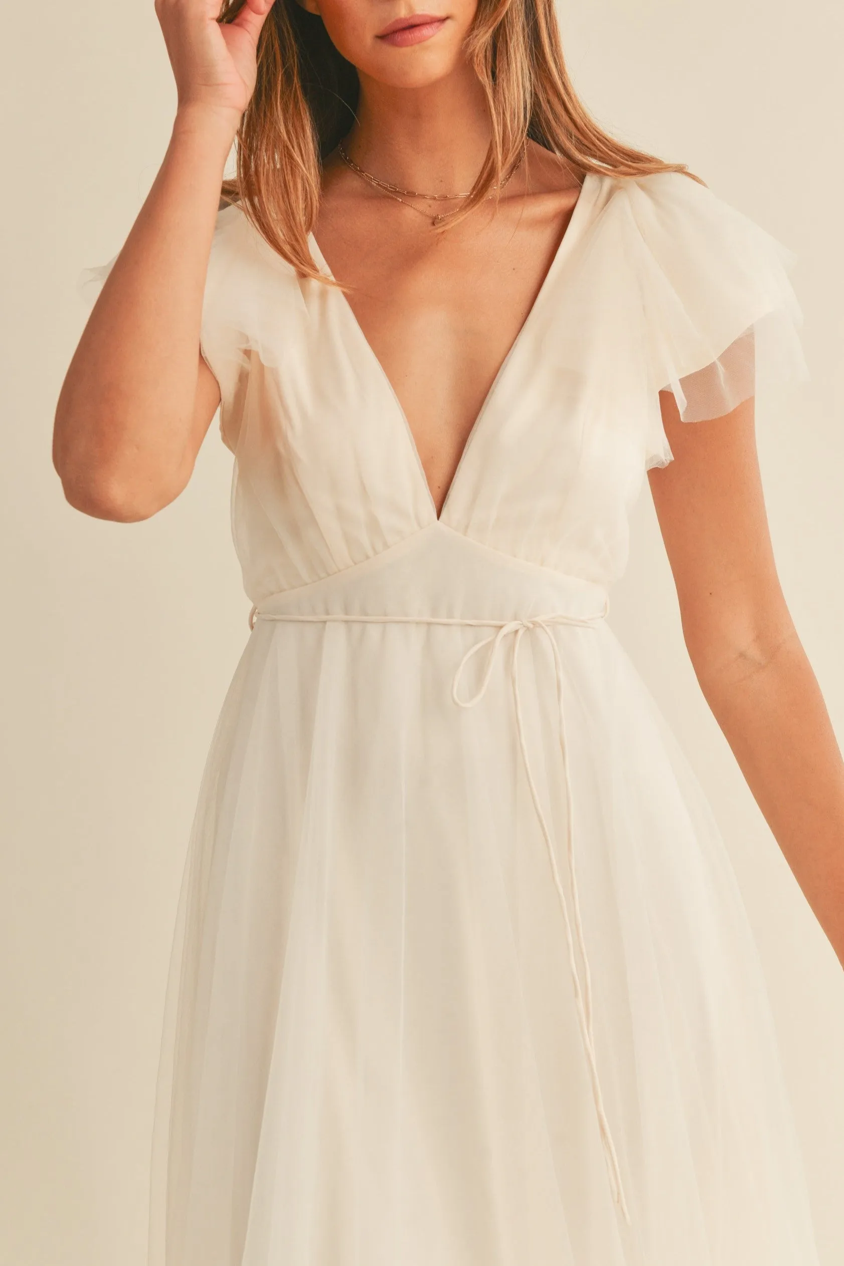 Tulle V neck Ruffle Sleeve Midi Dress sold by Evercado product image thumbnail 4