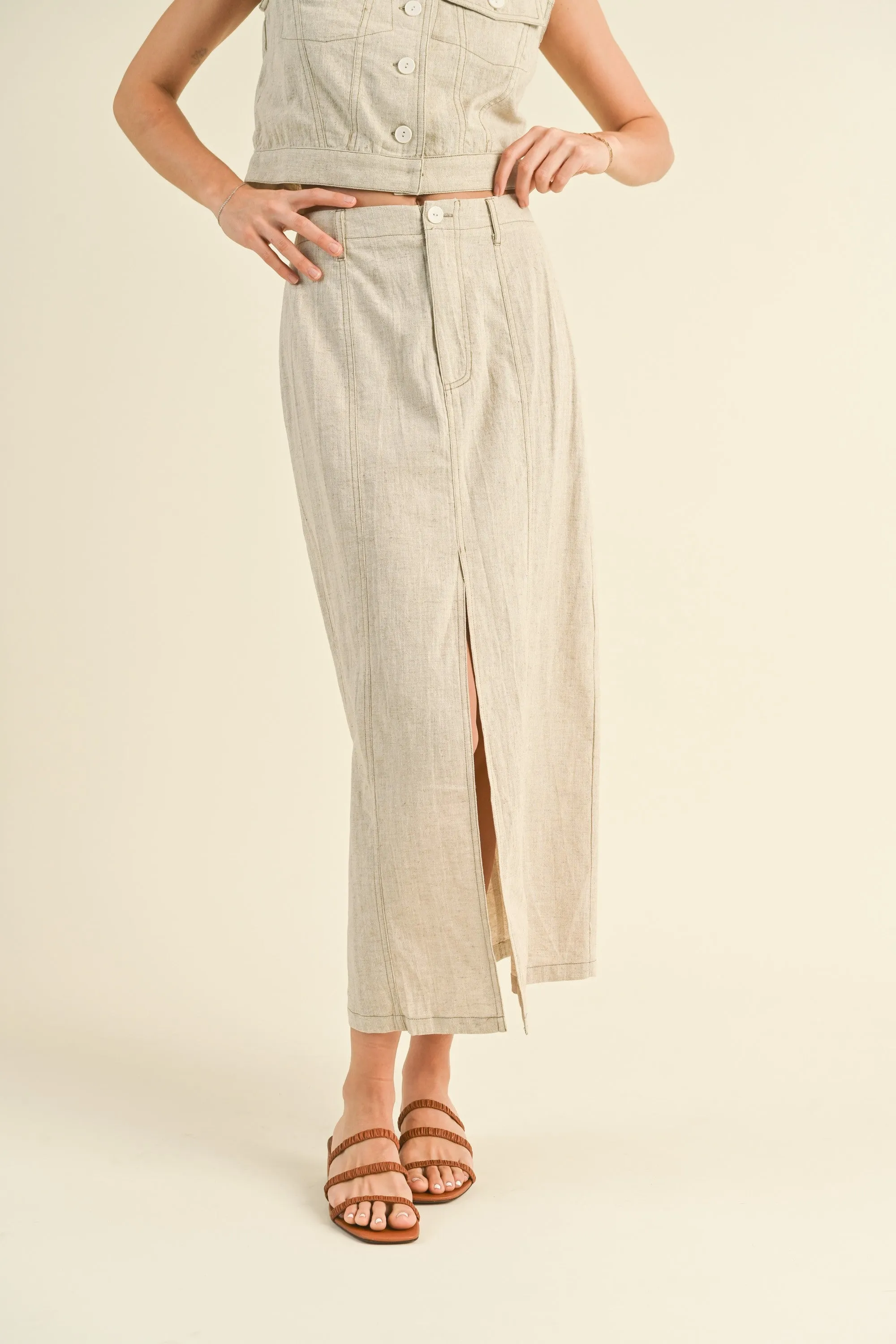 Linen Front Slit Maxi Skirt sold by Evercado