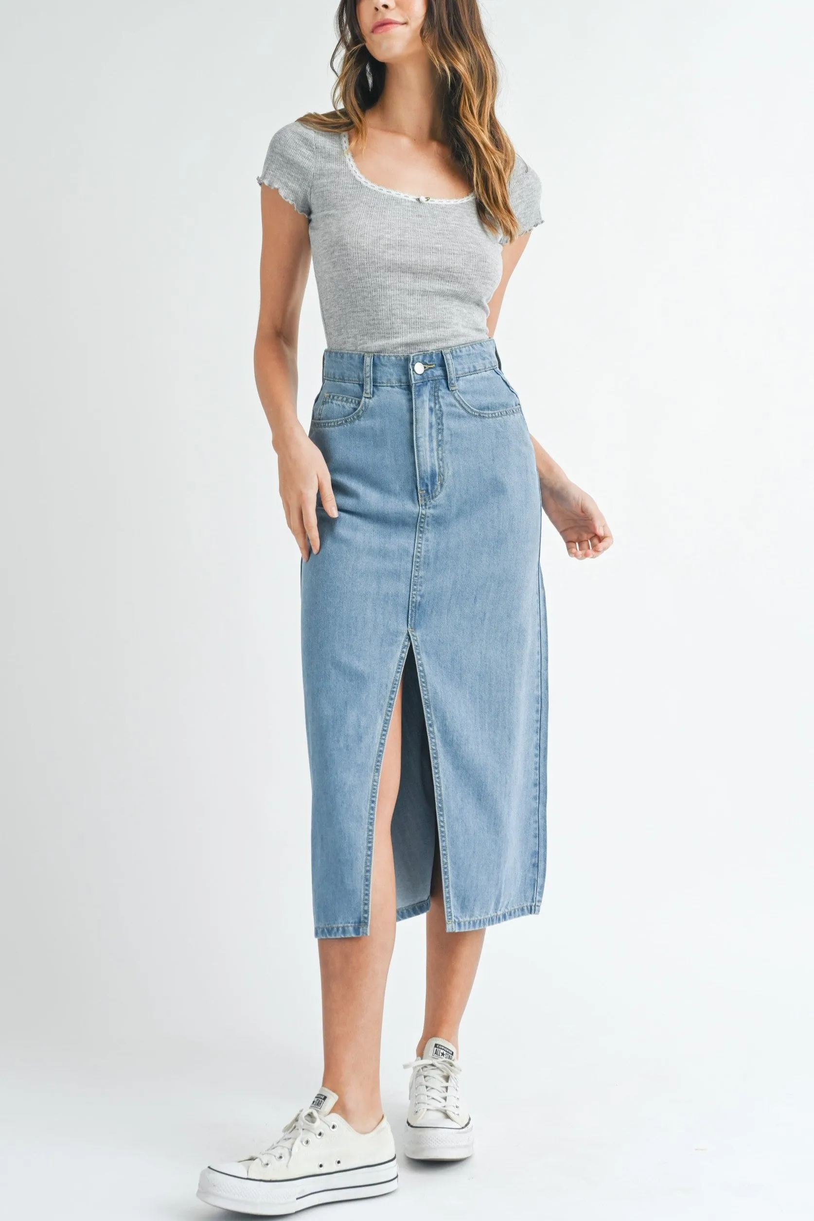 Front Slit Denim Midi Skirt sold by Evercado