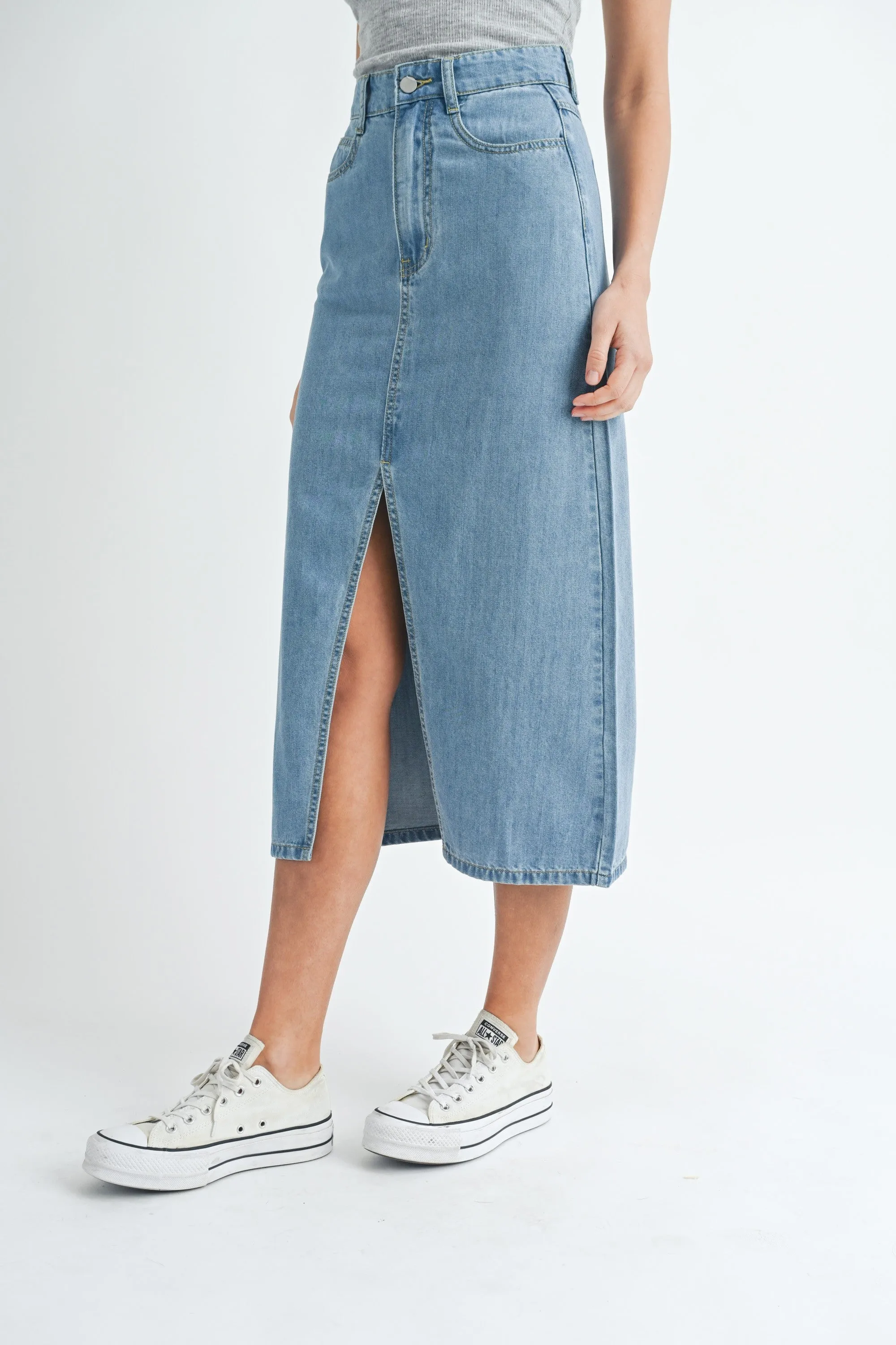 Front Slit Denim Midi Skirt sold by Evercado product image thumbnail 4