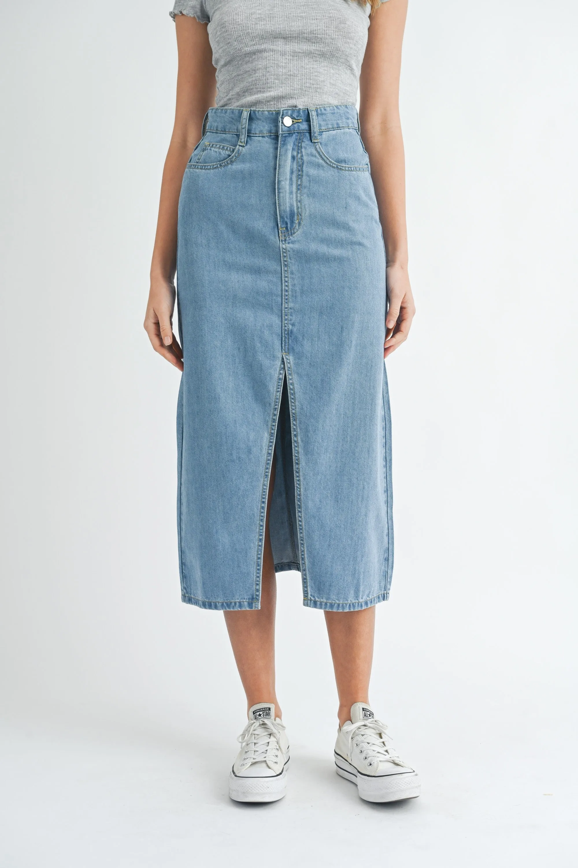 Front Slit Denim Midi Skirt sold by Evercado product image thumbnail 3