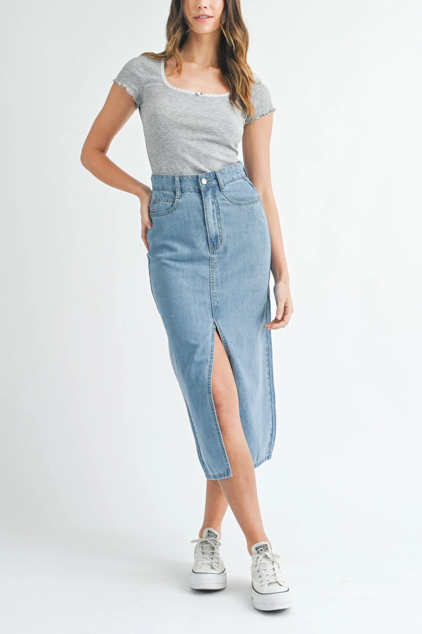 Front Slit Denim Midi Skirt sold by Evercado product image thumbnail 2
