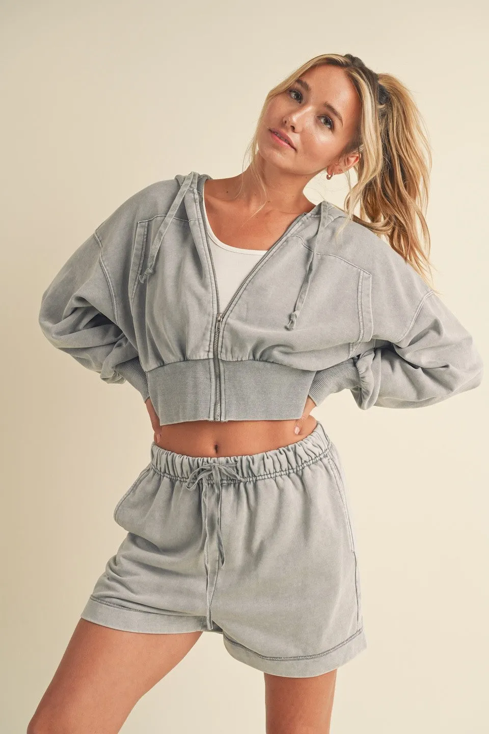 Mineral Washed Zip Up Cropped Hoodie sold by Evercado product image thumbnail 5