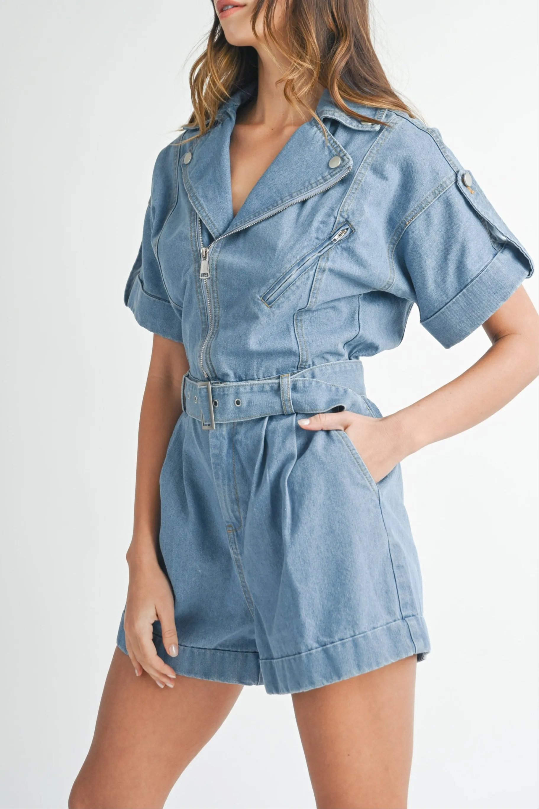 Moto Collar Denim Romper sold by Evercado product image thumbnail 3