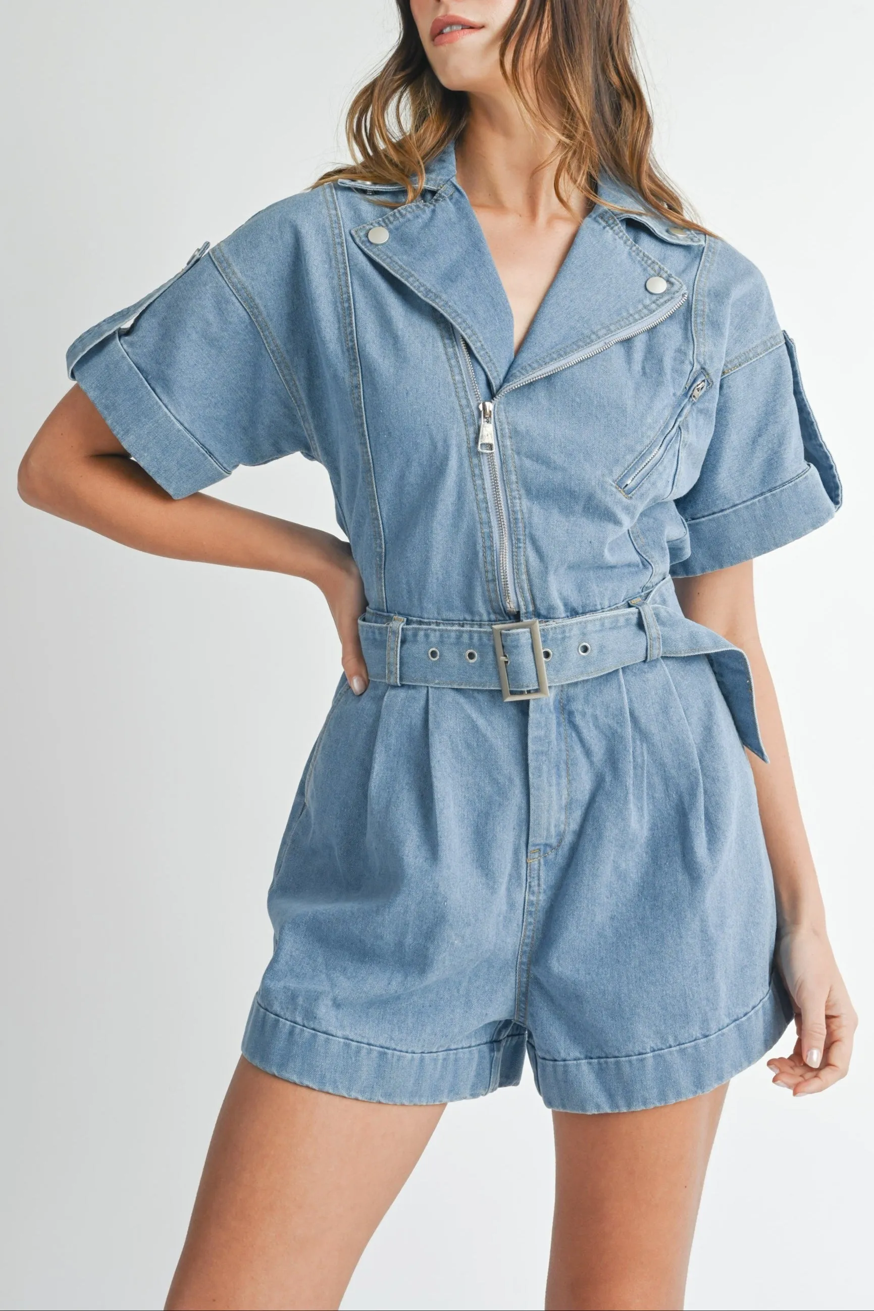 Moto Collar Denim Romper sold by Evercado