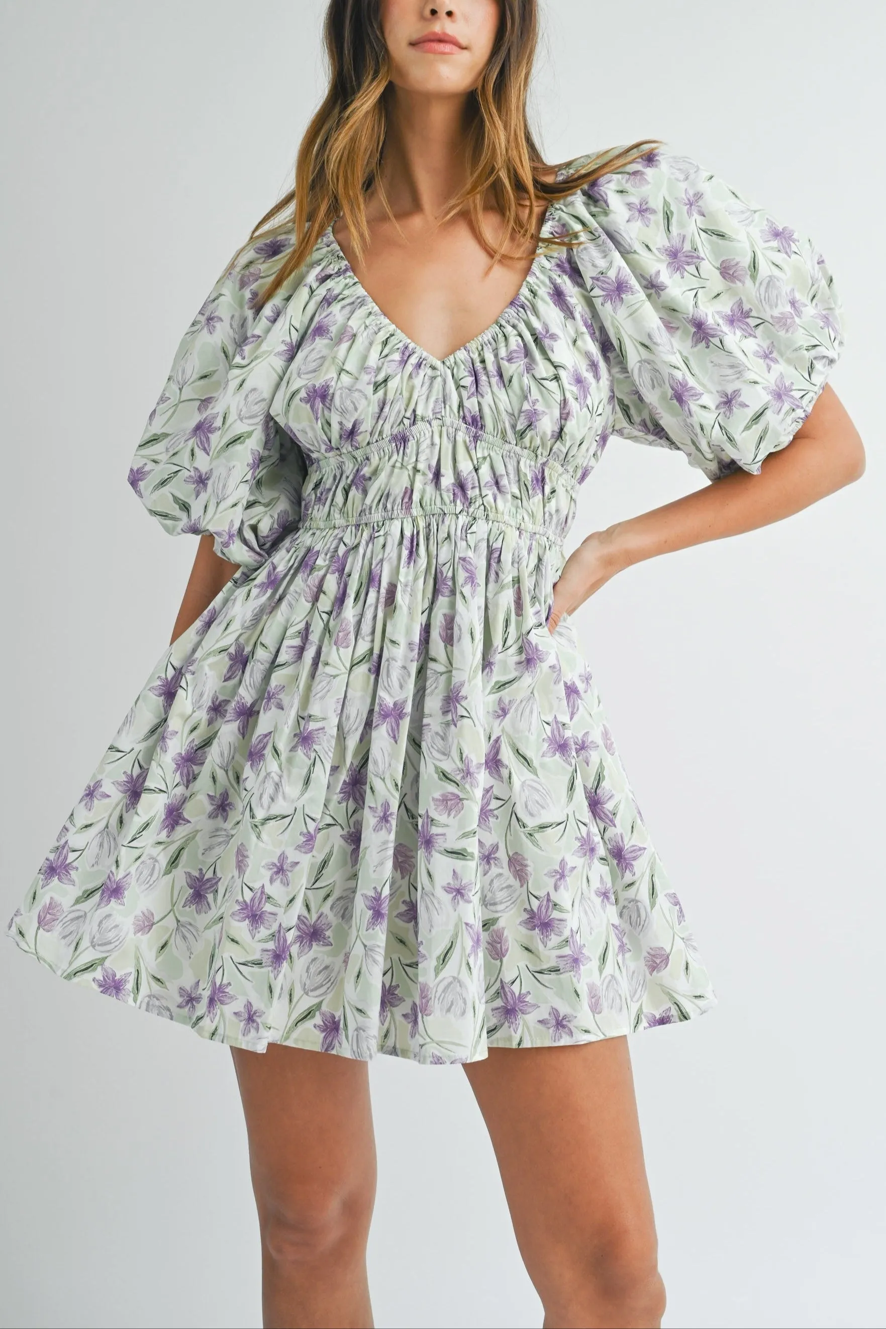 Floral Puff Sleeve Mini Dress sold by Evercado