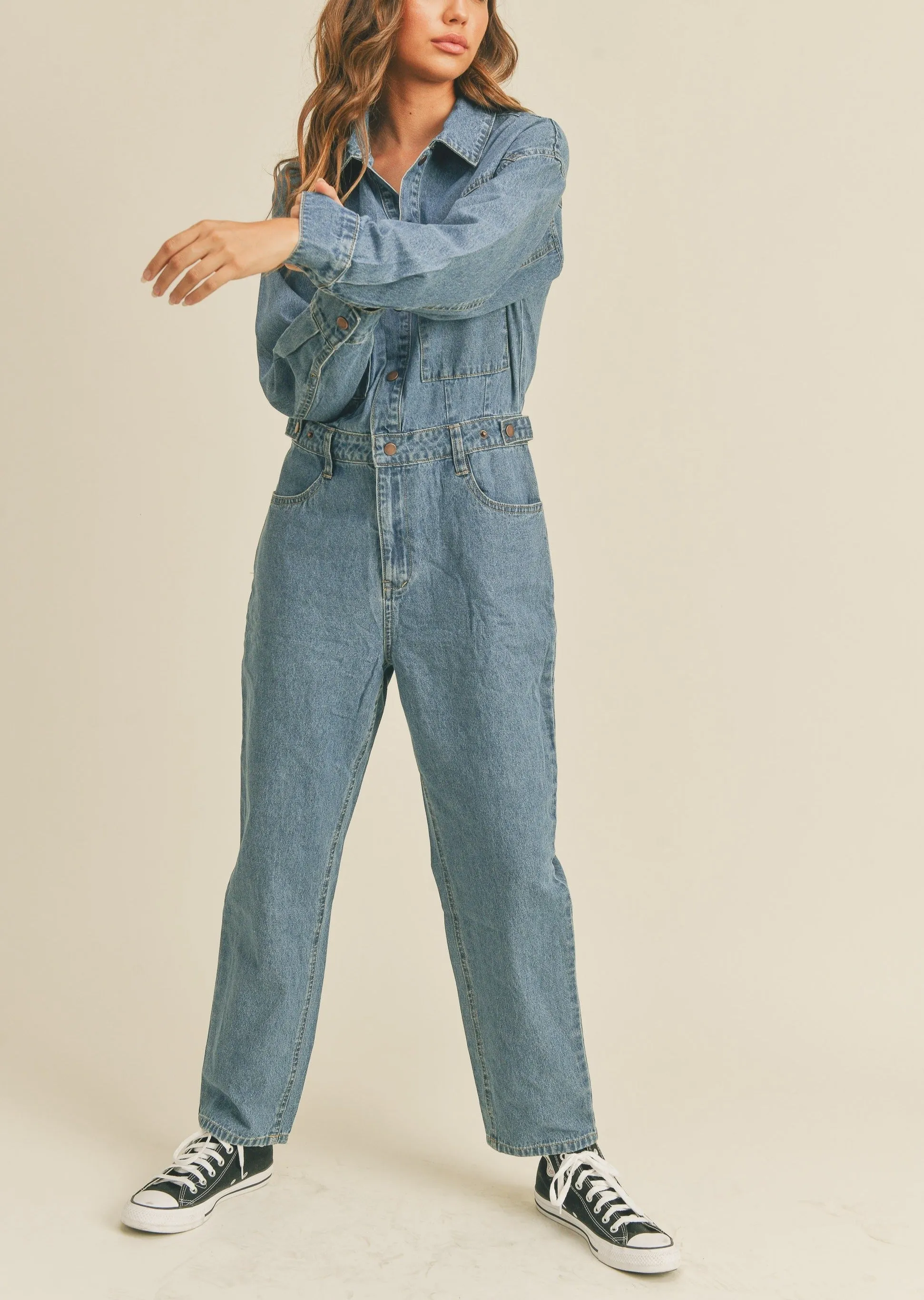 Washed Denim Utility Jumpsuit sold by Evercado