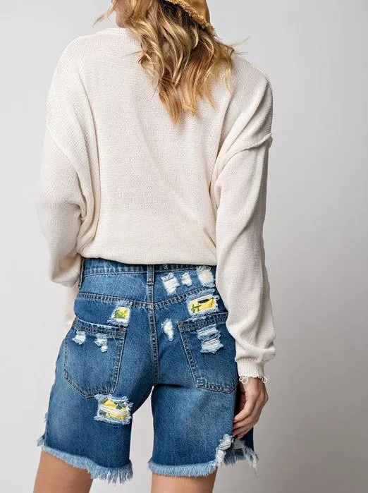 Tropical Destroyed Denim Shorts sold by Evercado product image thumbnail 4