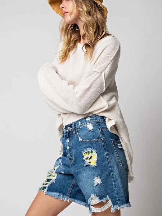 Tropical Destroyed Denim Shorts sold by Evercado product image thumbnail 5