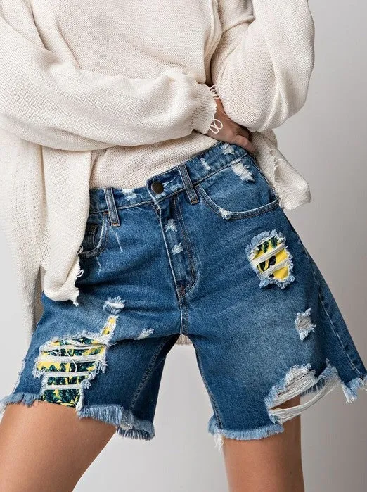 Tropical Destroyed Denim Shorts sold by Evercado product image thumbnail 3