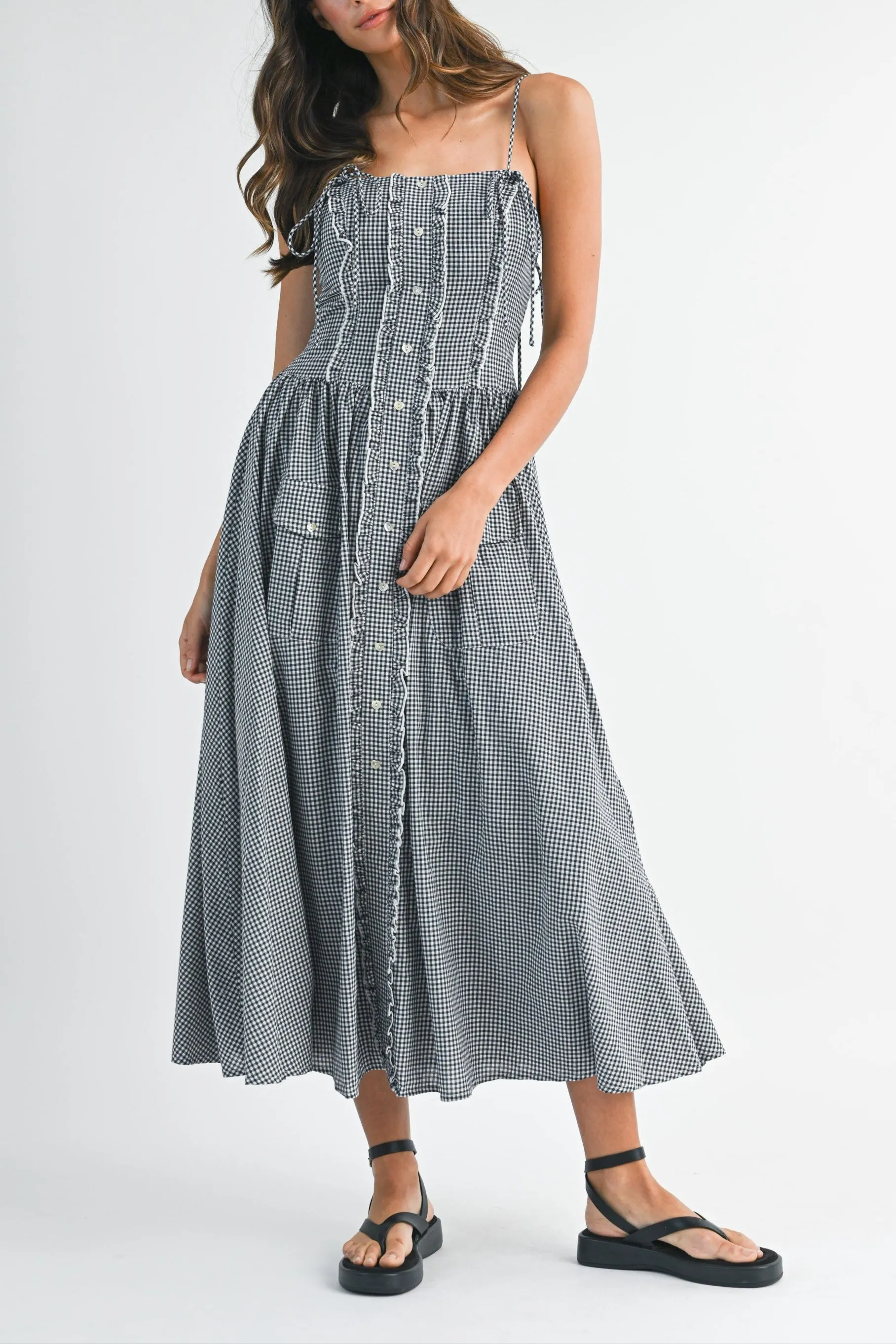 Gingham Plaid Ruffle Midi Dress sold by Evercado