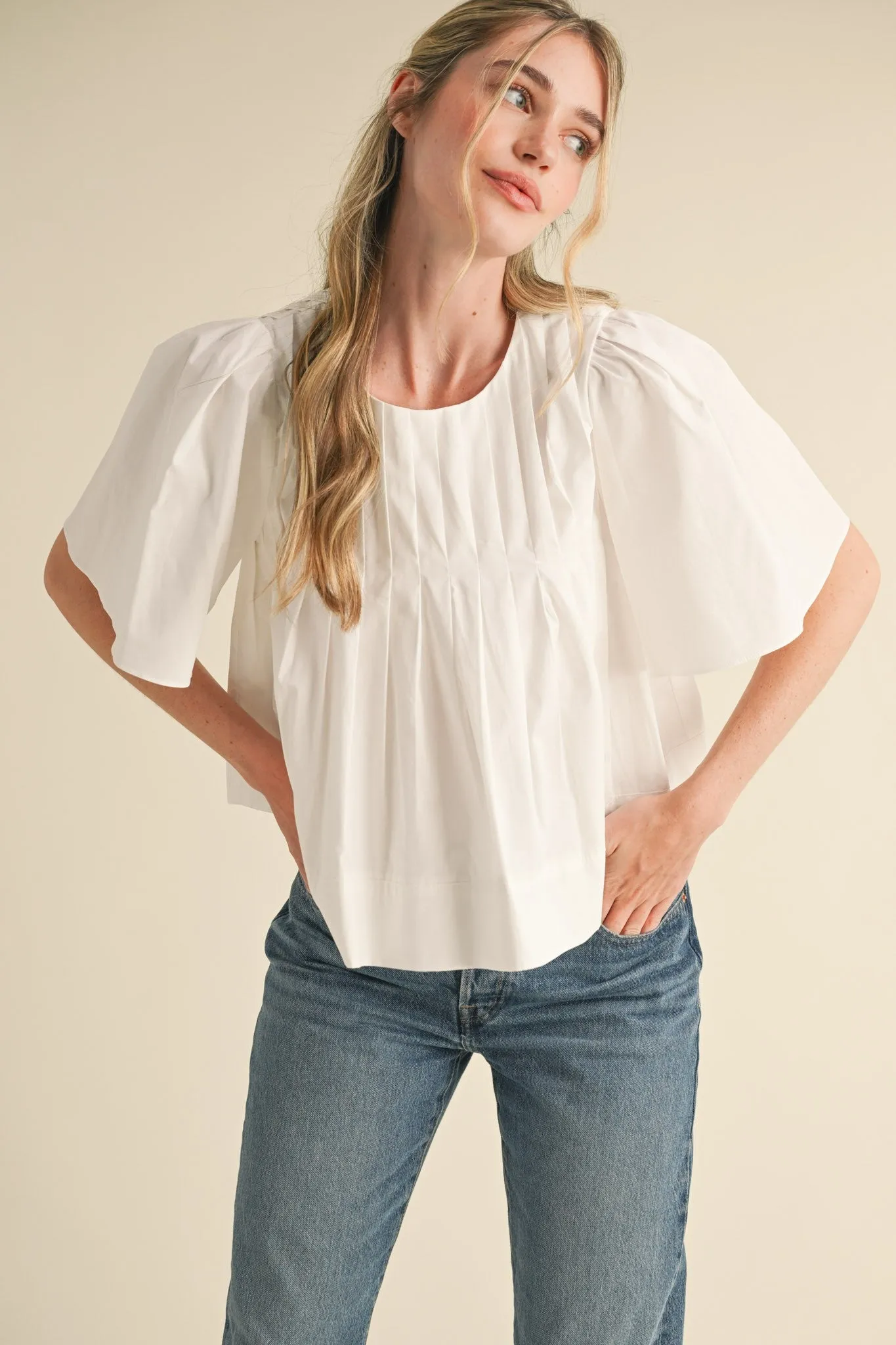 Pleated Poplin Volume Sleeve Blouse sold by Evercado product image thumbnail 2