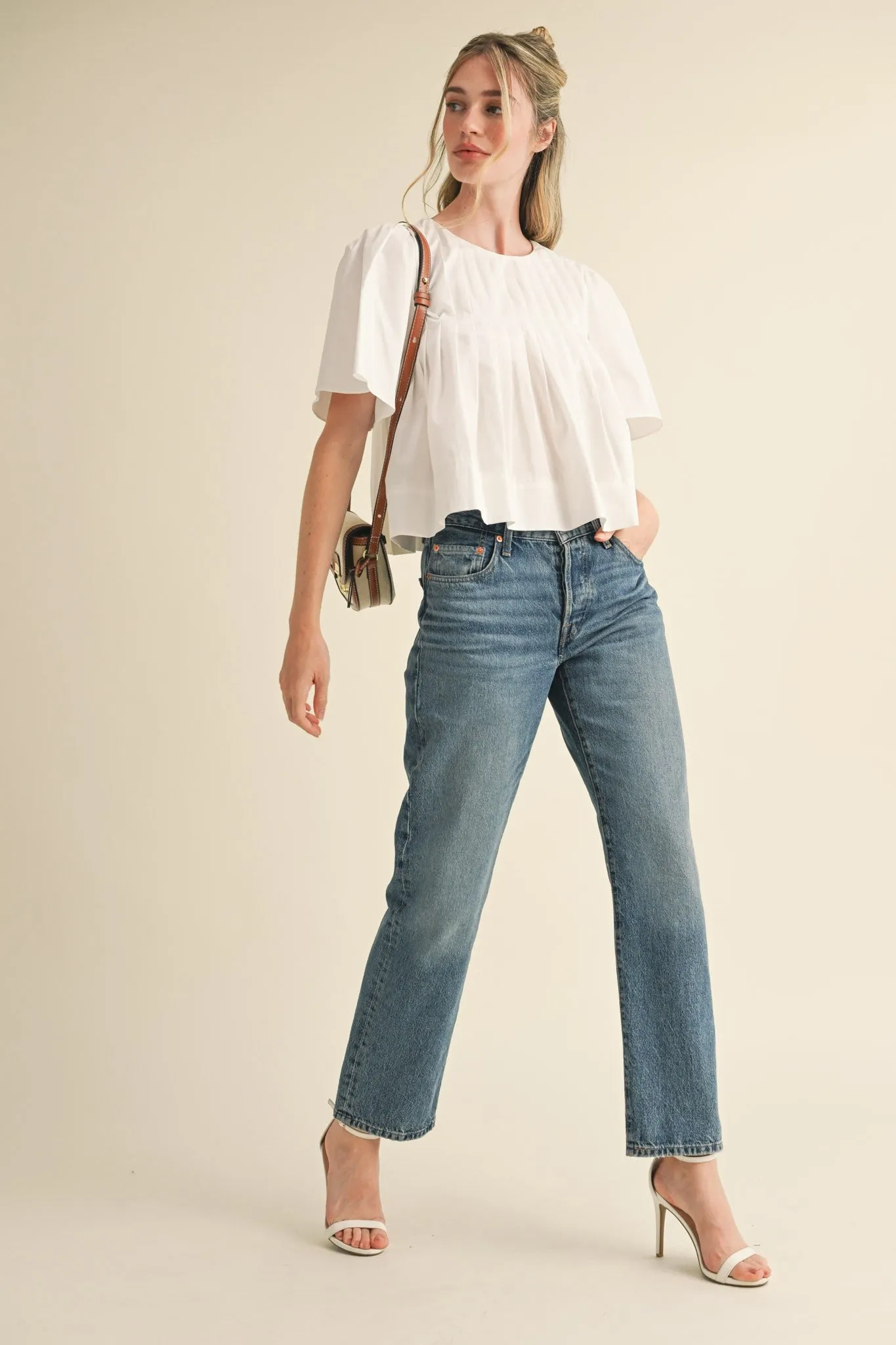 Pleated Poplin Volume Sleeve Blouse sold by Evercado