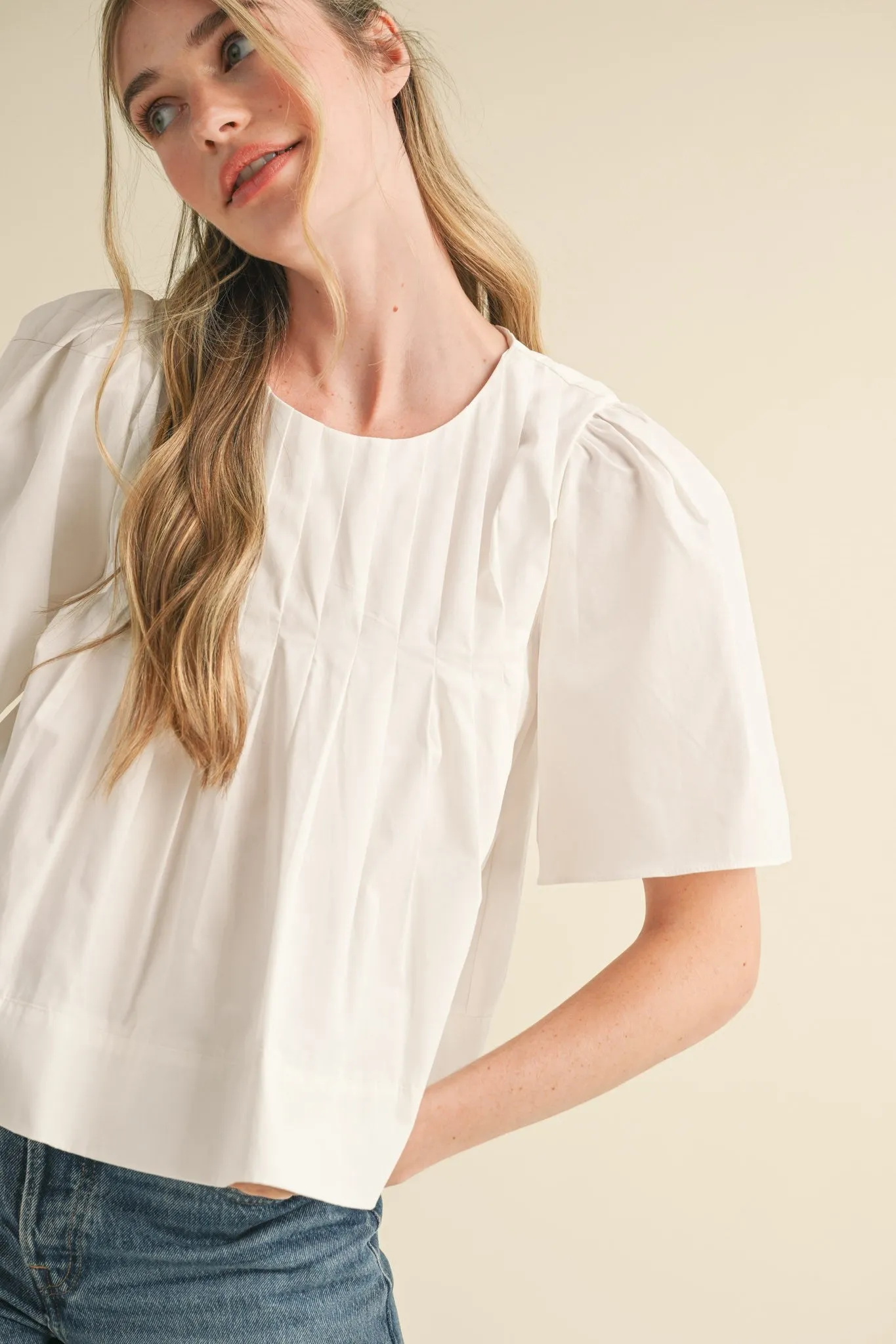 Pleated Poplin Volume Sleeve Blouse sold by Evercado product image thumbnail 3