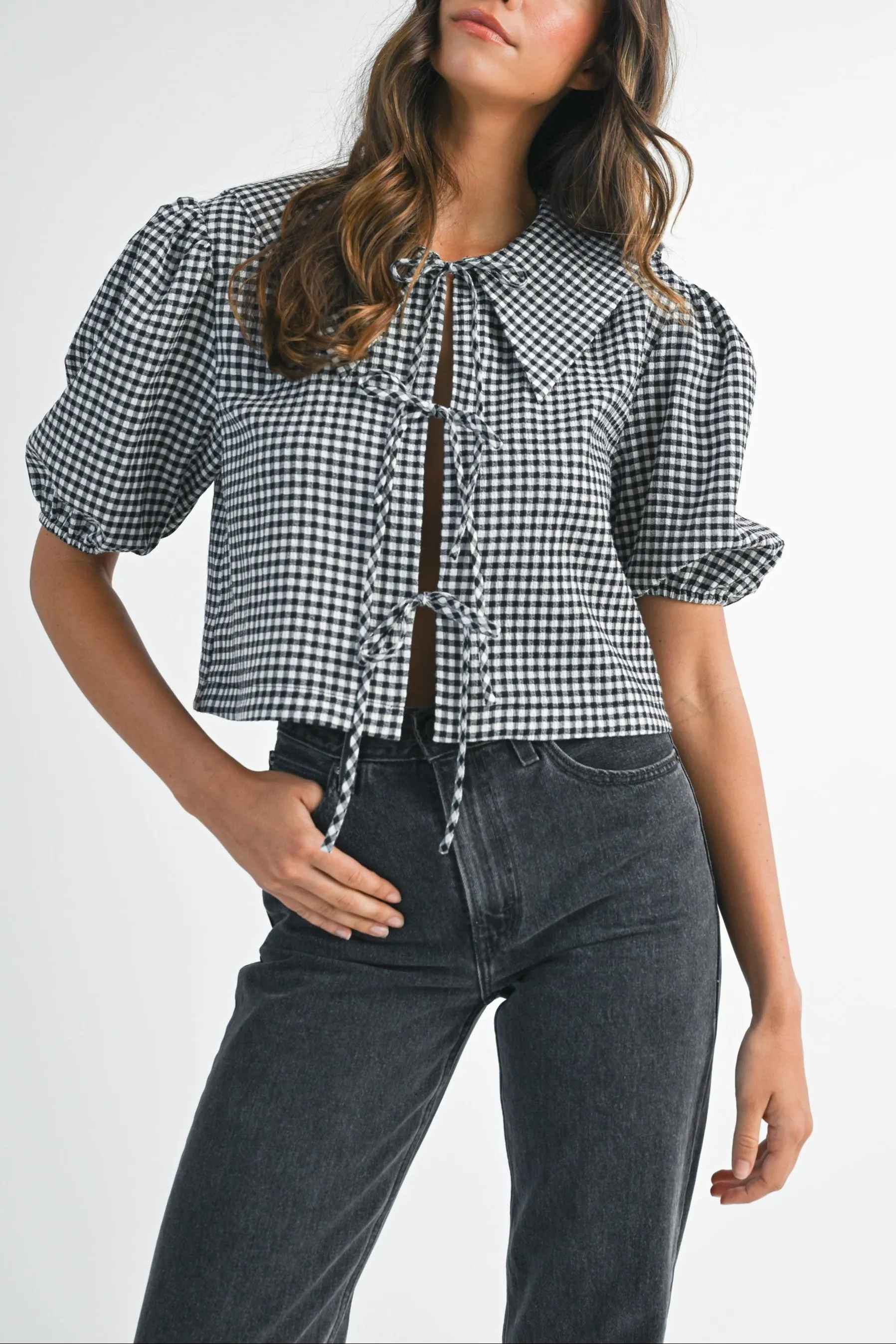 Gingham Puff Sleeve Tie-Front Cropped Blouse sold by Evercado product image thumbnail 2