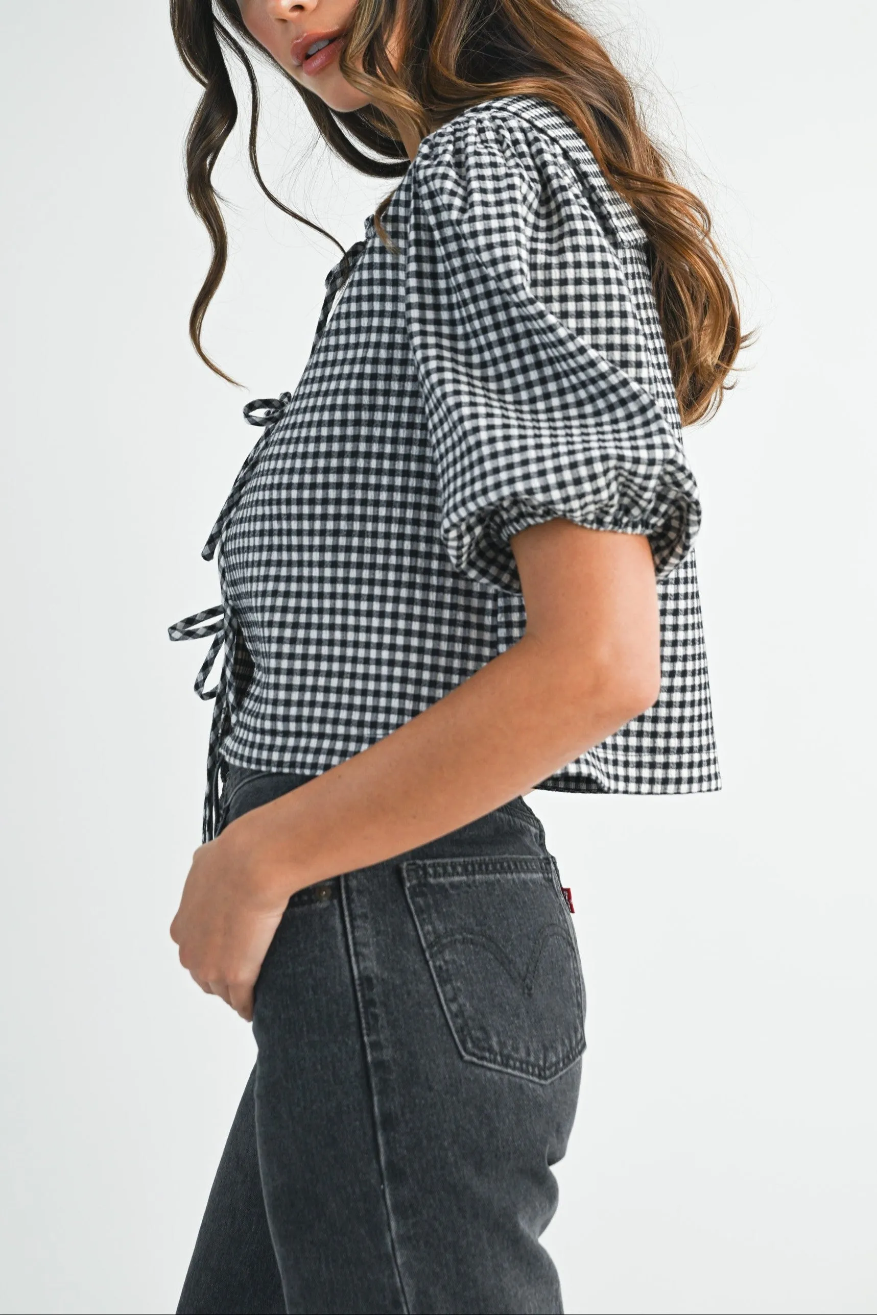 Gingham Puff Sleeve Tie-Front Cropped Blouse sold by Evercado product image thumbnail 4