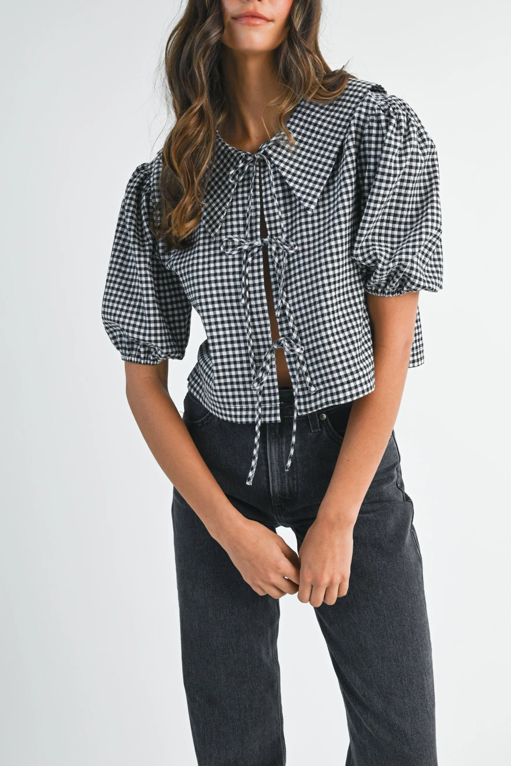 Gingham Puff Sleeve Tie-Front Cropped Blouse sold by Evercado product image thumbnail 3