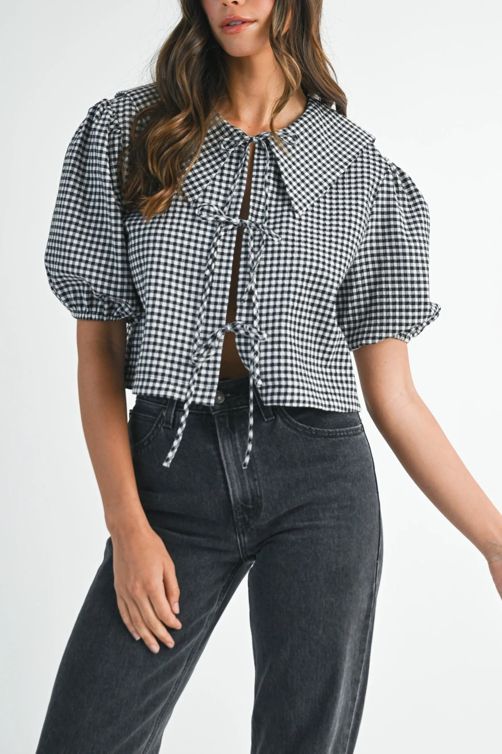 Gingham Puff Sleeve Tie-Front Cropped Blouse sold by Evercado