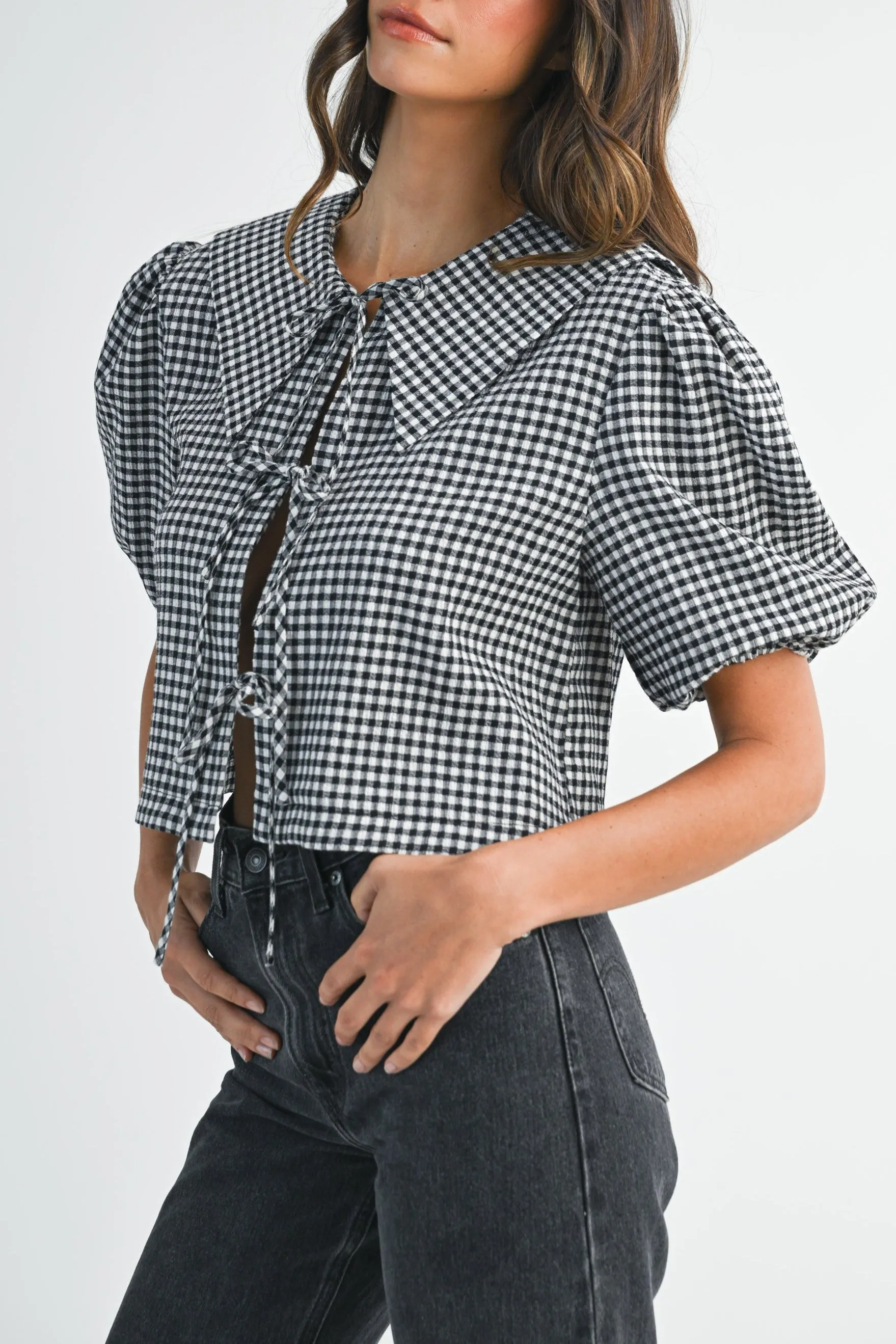 Gingham Puff Sleeve Tie-Front Cropped Blouse sold by Evercado product image thumbnail 5