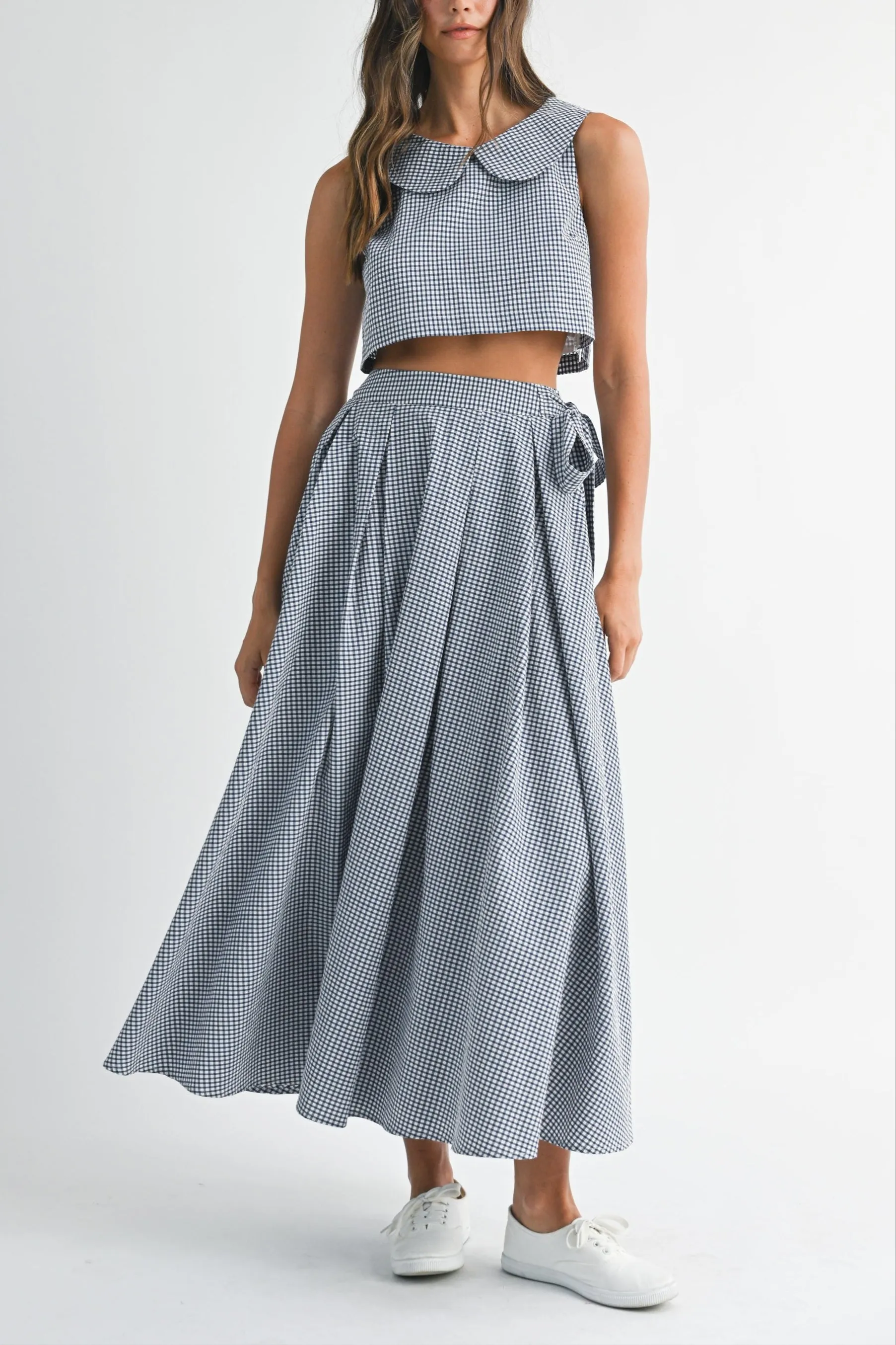 Gingham Cute Collar Crop Top & Maxi Skirt Set sold by Evercado