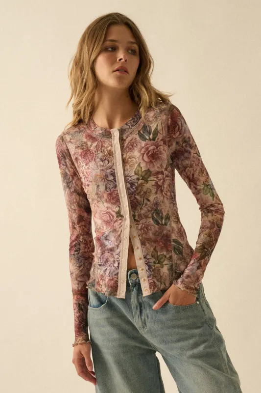 Romantic Floral Mesh Button-Up Top sold by Evercado
