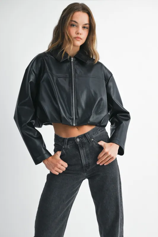 Faux Leather Pleated Bubble Hem Cropped Jacket sold by Evercado