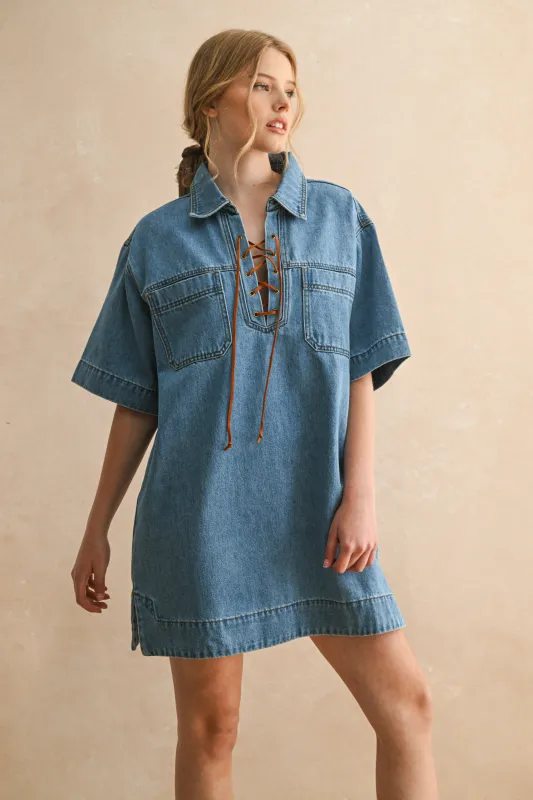 Suede Lace-Up Denim Shirt Dress sold by Evercado