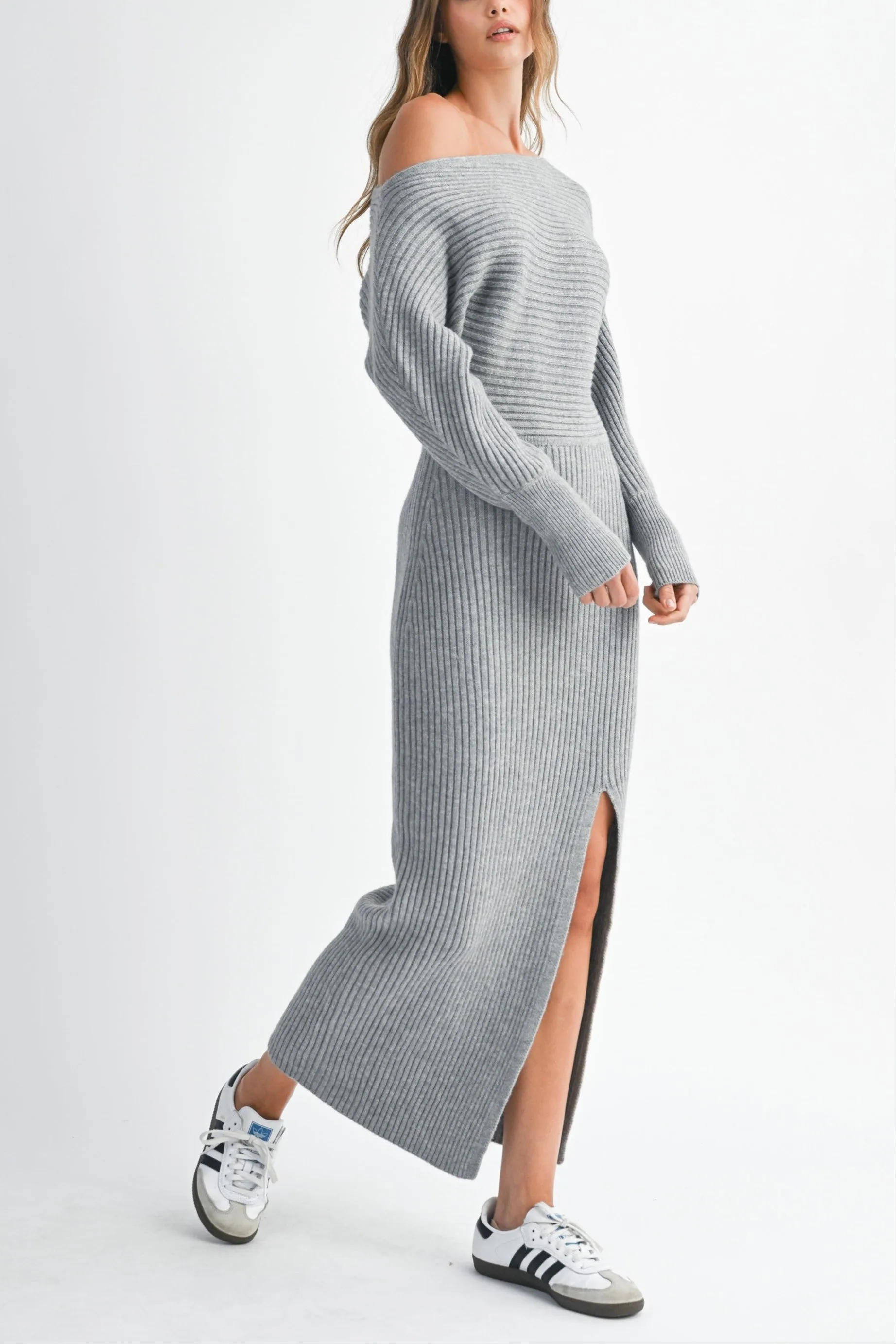 Off-Shoulder Ribbed Knit Sweater Dress with Side Slit sold by Evercado