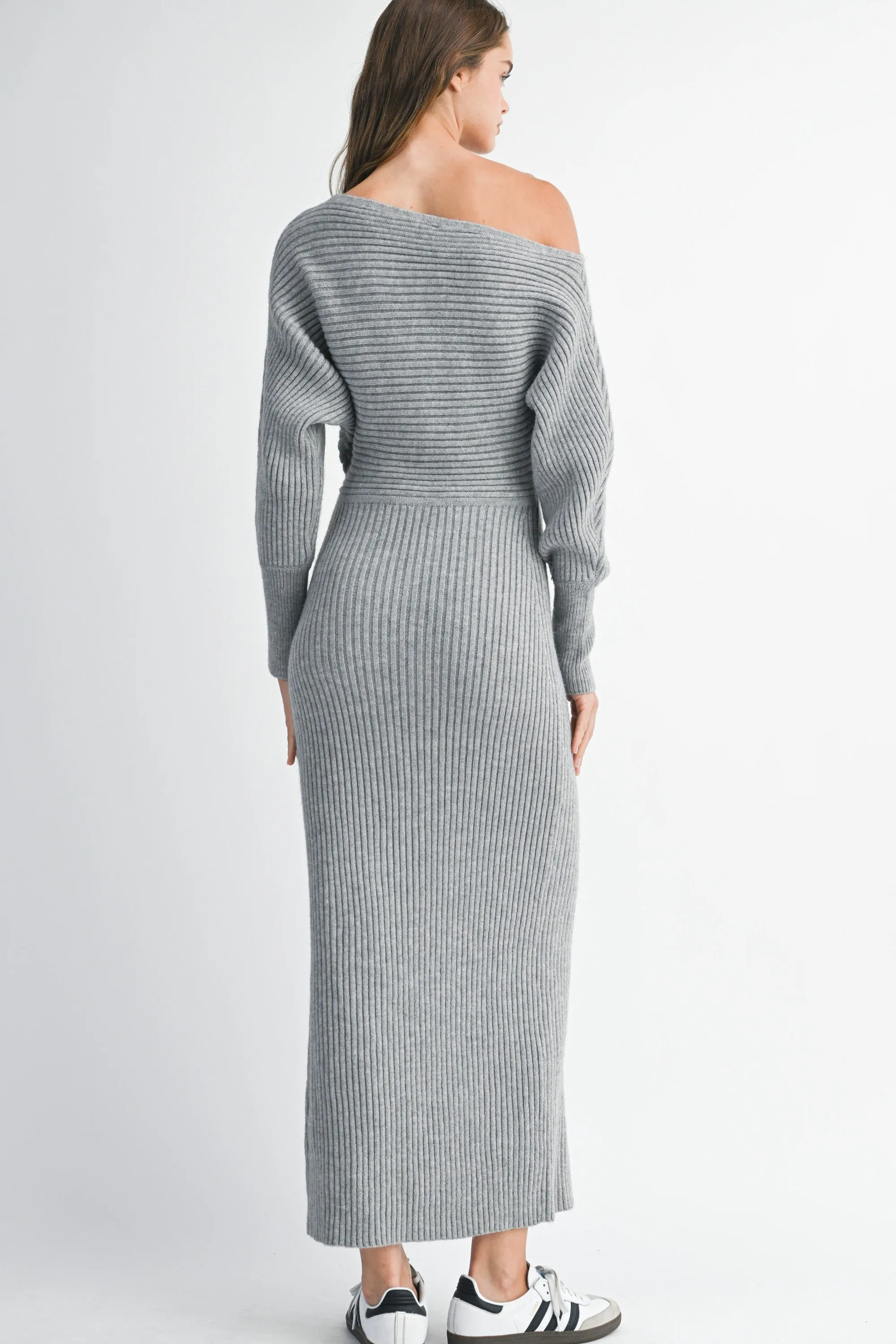 Off-Shoulder Ribbed Knit Sweater Dress with Side Slit sold by Evercado product image thumbnail 5