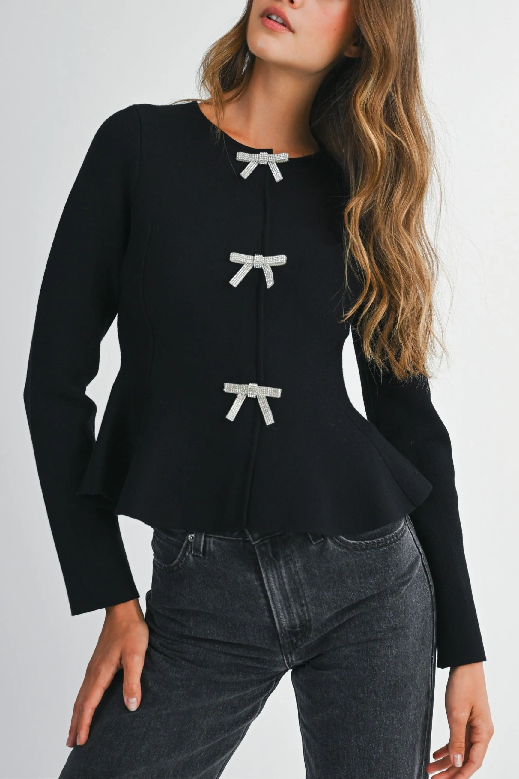 Jewel Bow Peplum Knit Top sold by Evercado product image thumbnail 4