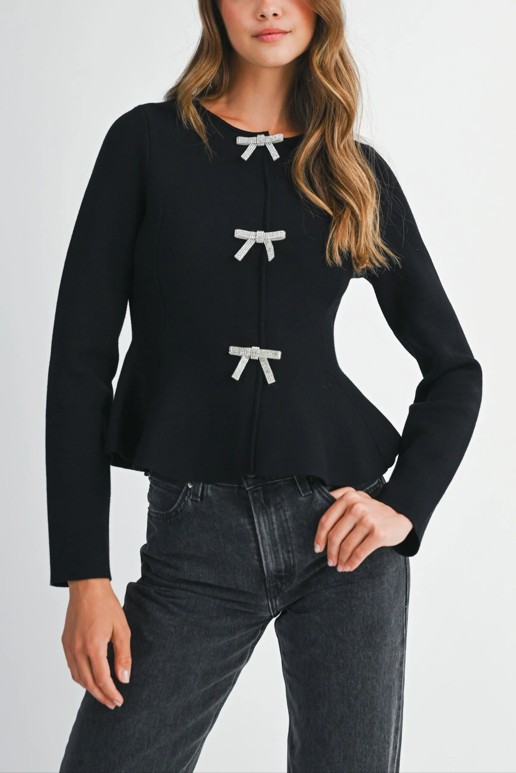 Jewel Bow Peplum Knit Top sold by Evercado