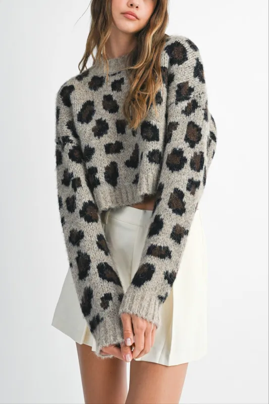 Fuzzy Leopard Print Cropped Sweater sold by Evercado