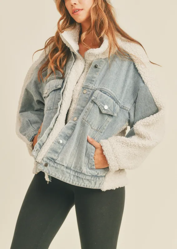 Fleece and Denim Combo Oversized Jacket sold by Evercado